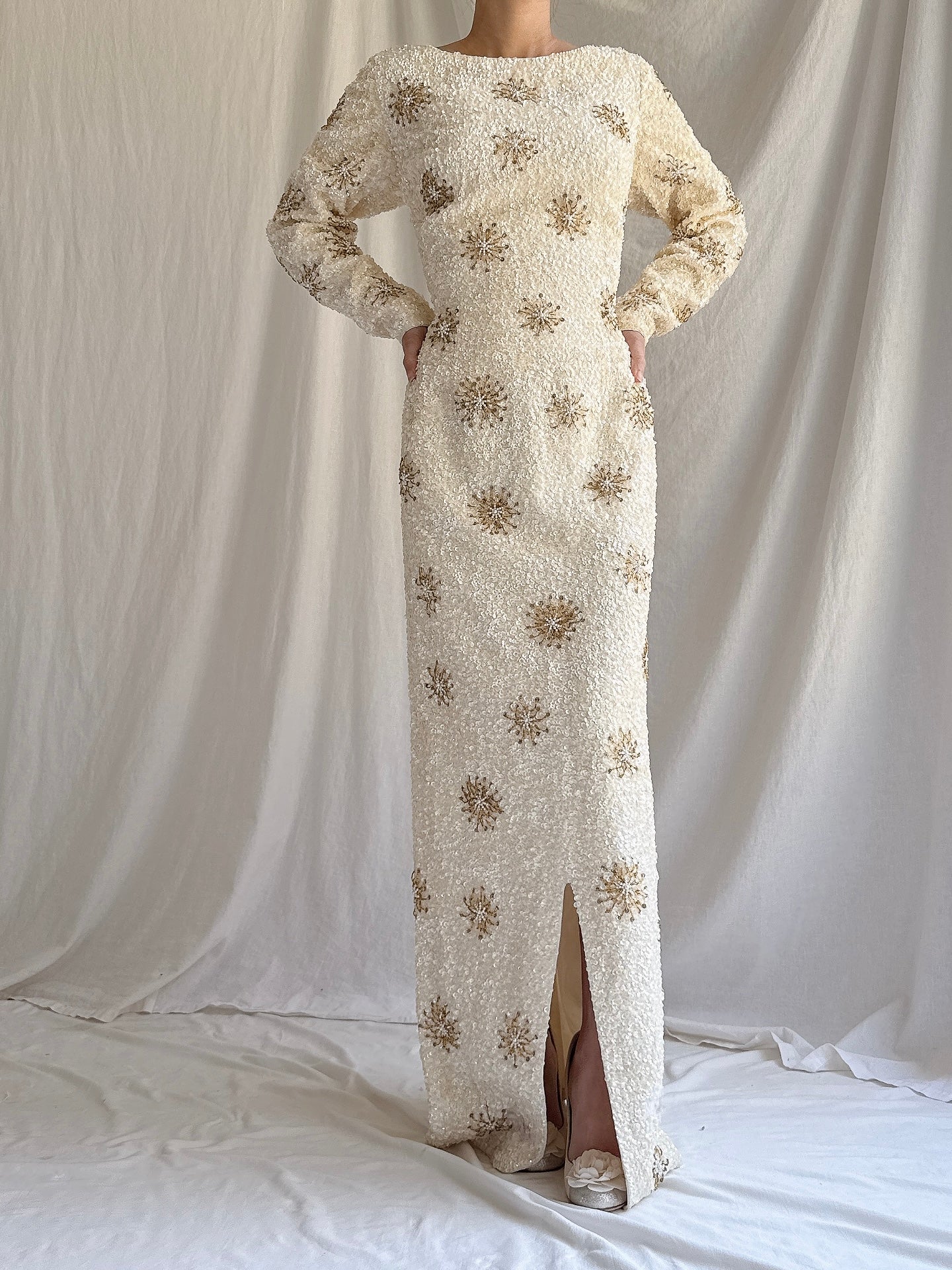1960s Ivory Beaded Dress - M