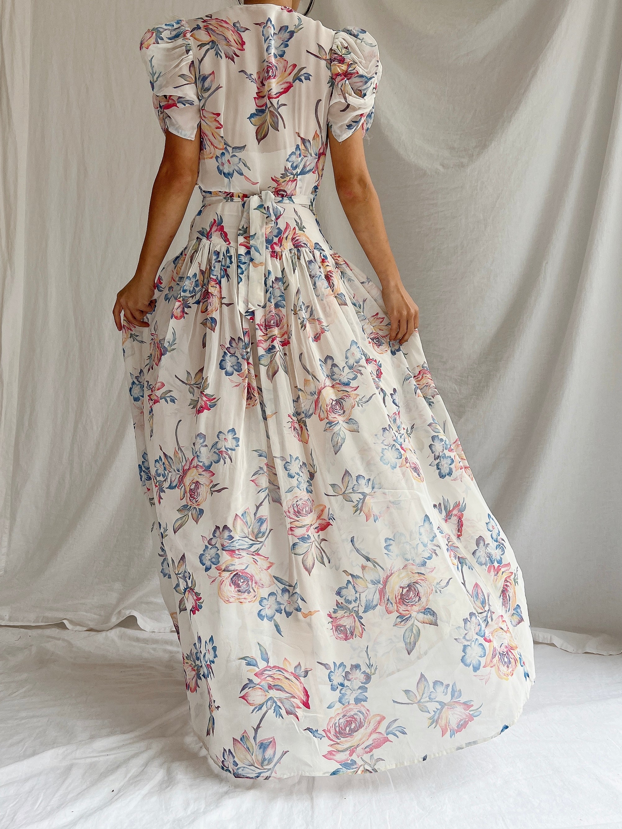 1940s Floral Chiffon Dress - XS
