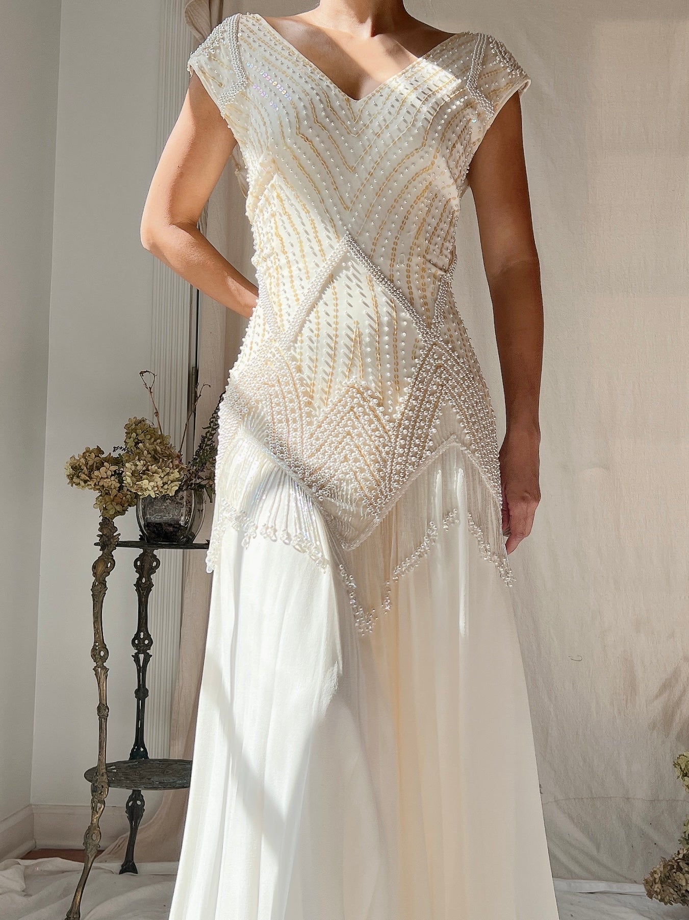 Vintage Silk Chiffon Pearl Fringe Dress - M(US 6/8)