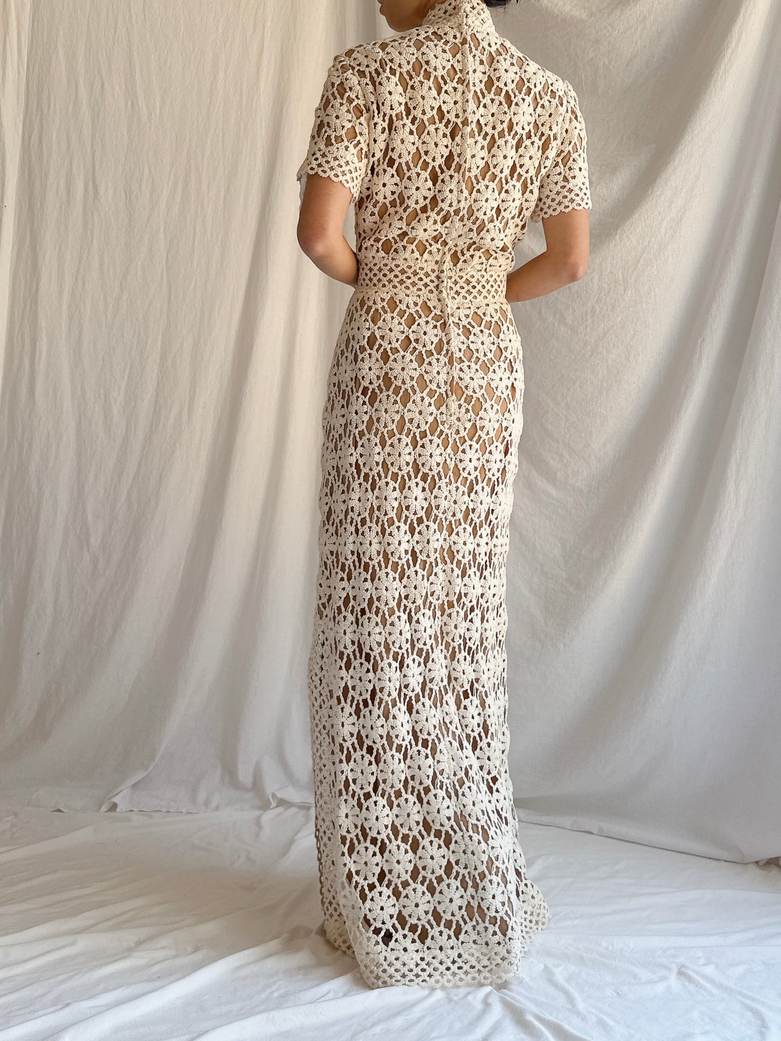 1960s Cotton Crochet Mock Neck Gown - XS/4