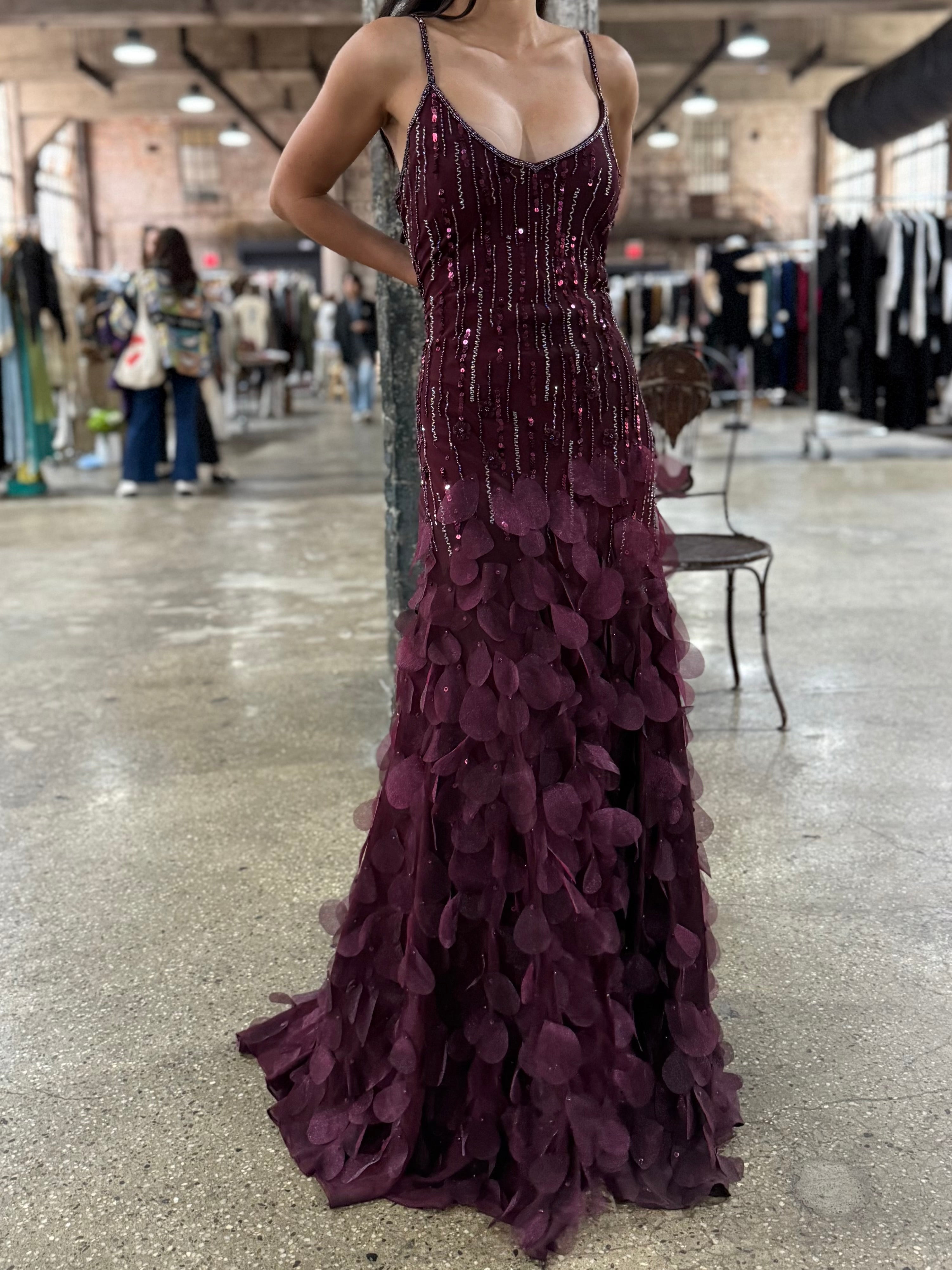 Vintage Burgundy Silk Petal Dress - M