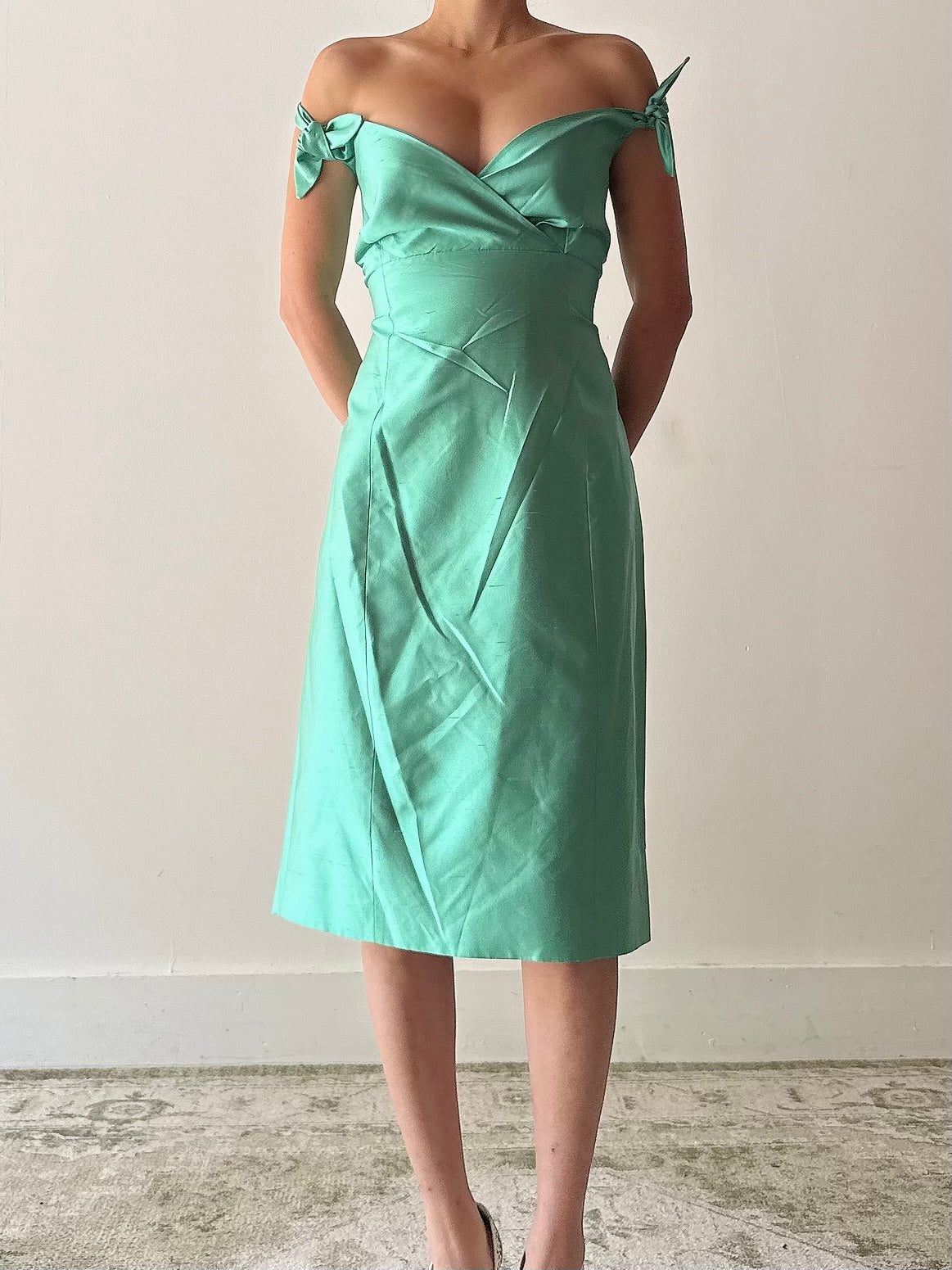 Vintage Teal Silk Halter Dress - FR40