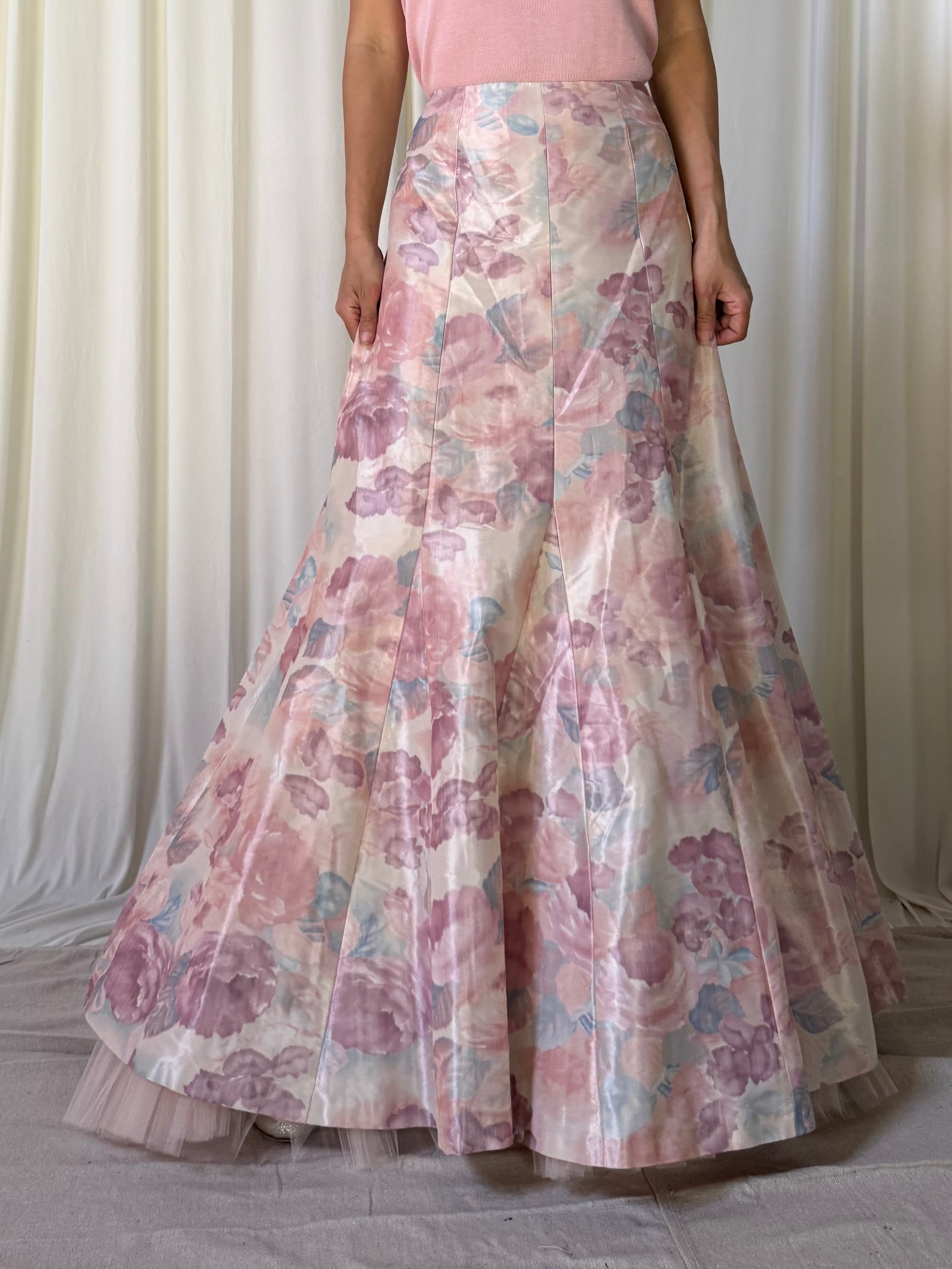 Vintage Paul Vasseur Pink Taffeta Floral Skirt - Size 44