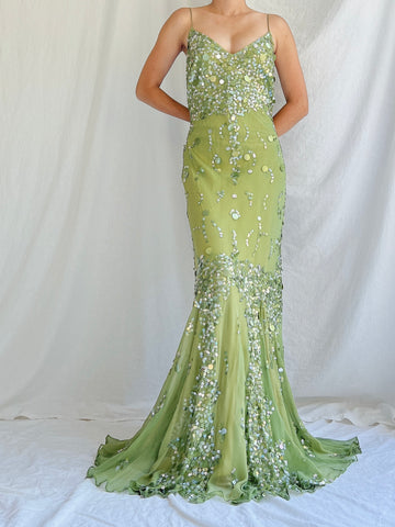 Vintage Green Bias Cut Silk Gown - S