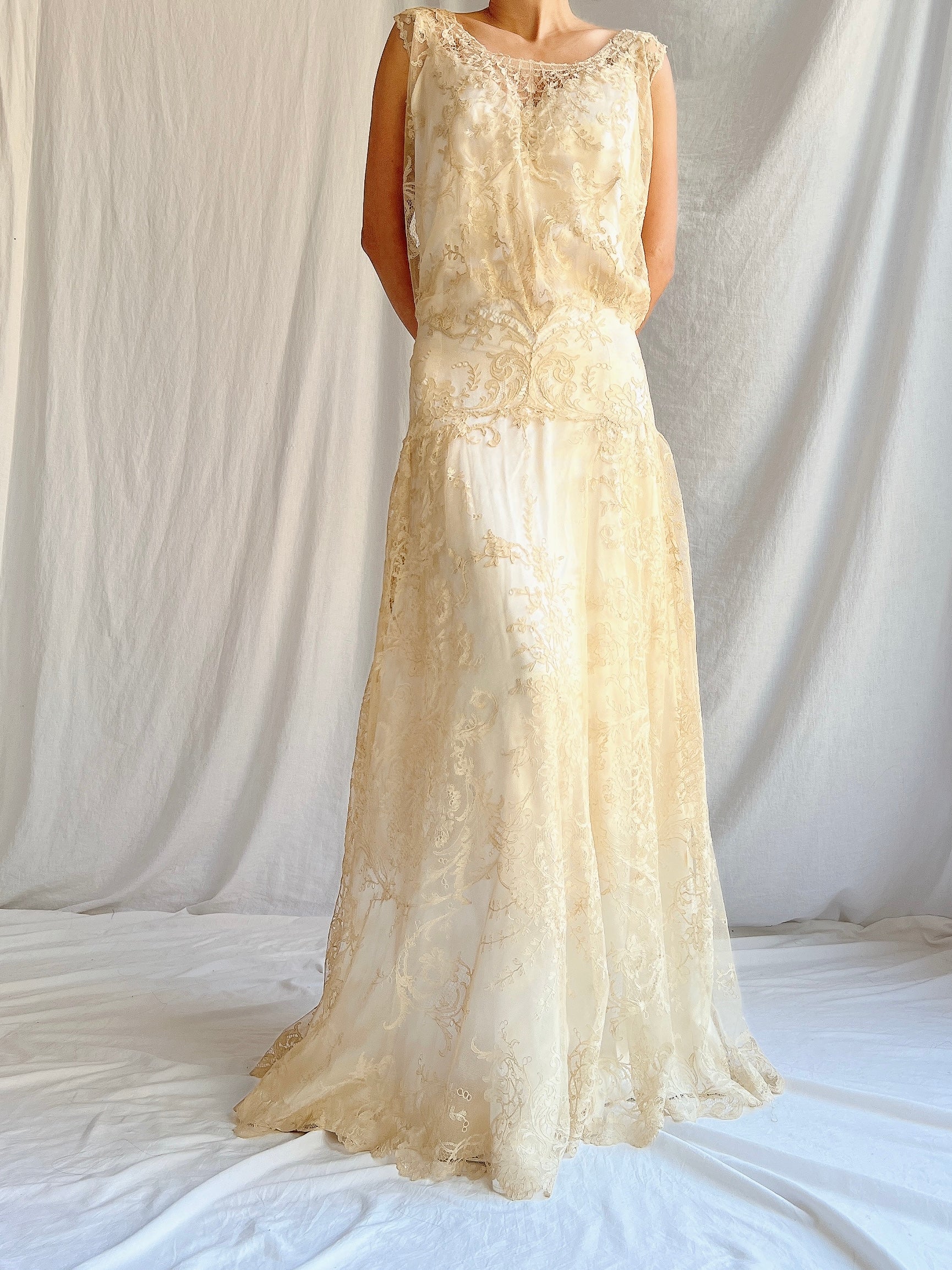 1930s Ecru Lace Gown with Slip - M