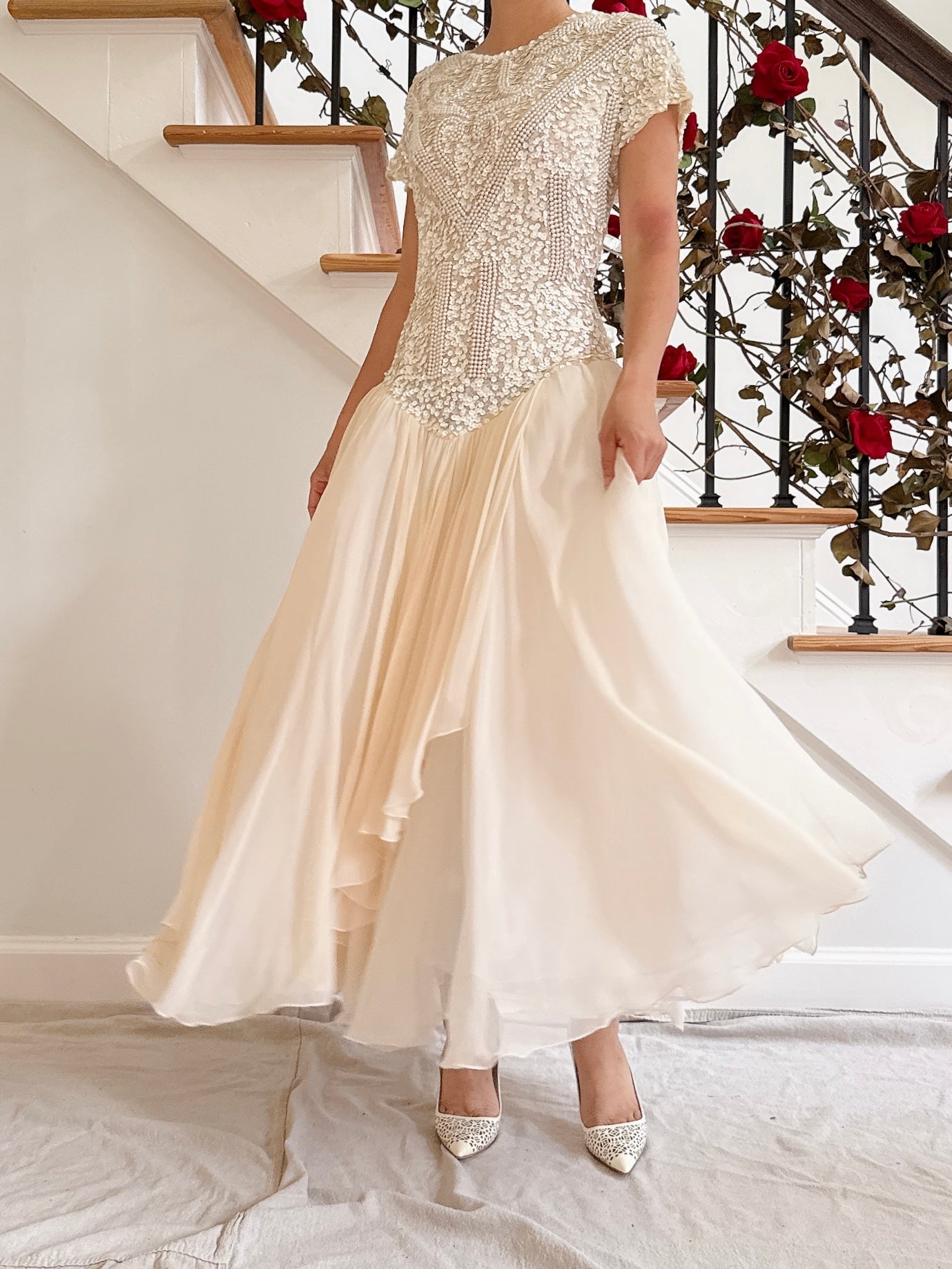 1980s Silk Chiffon Beaded Dress - 36B/30W/49L