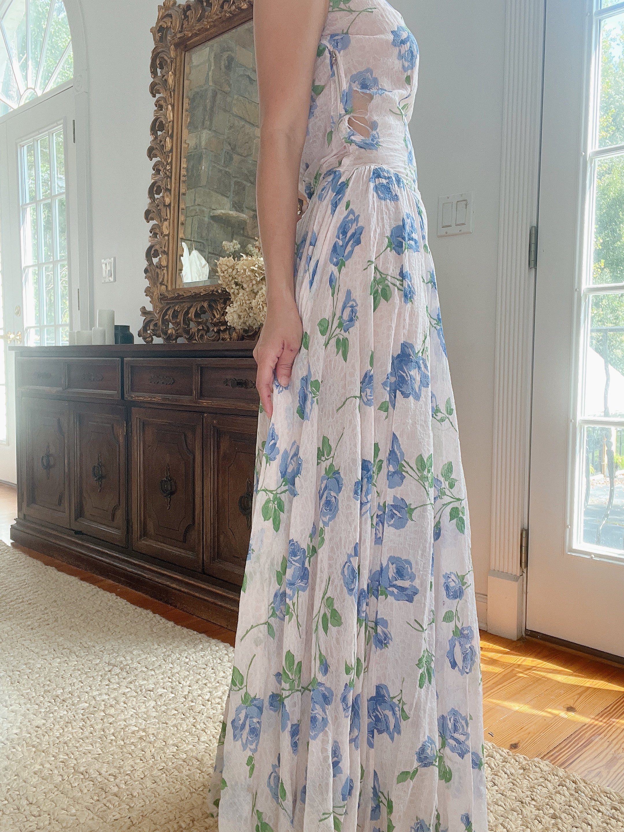 1940s Blue Floral Dress - M