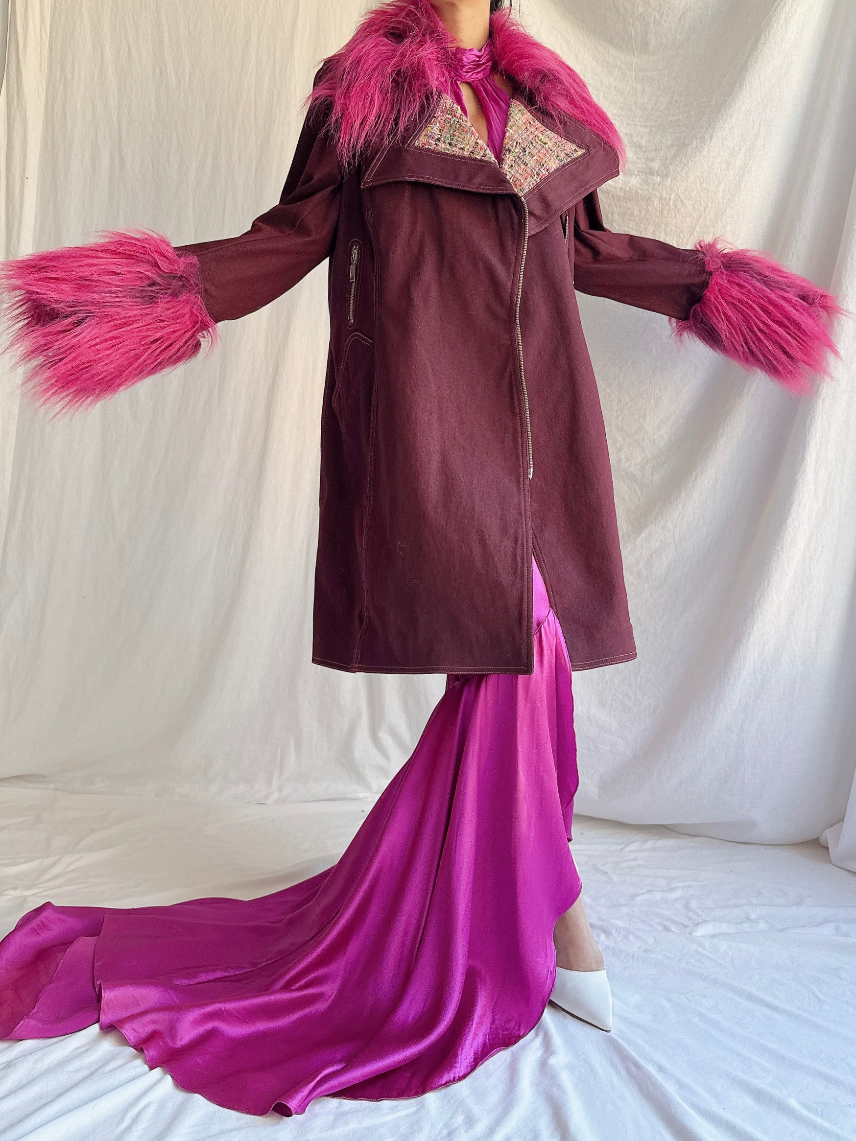 satin dress fur coat Handmade White Fur Coat Evening Dress Outfit Gown Silkstone Fashion Royalty FR