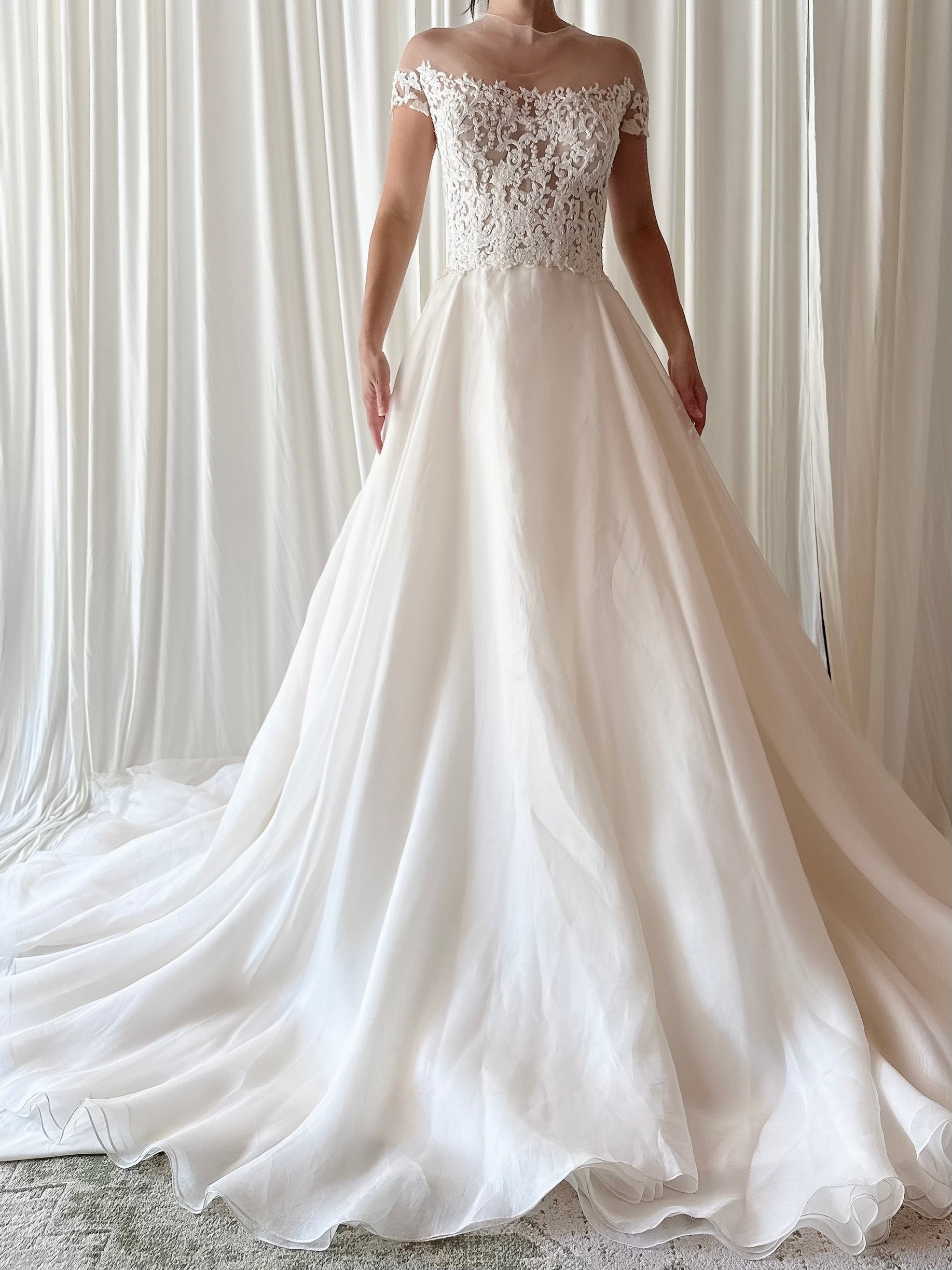 00 Reem Acra Silk Organza Illusion Lace Gown - M/6