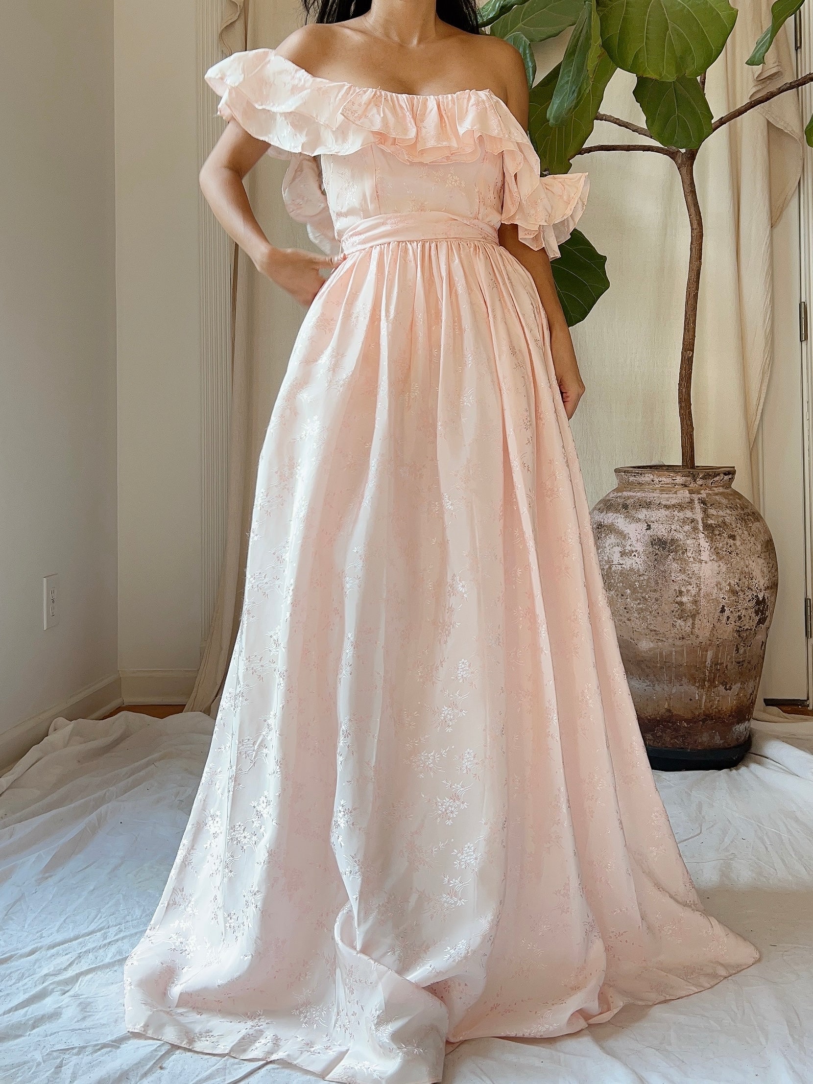 Vintage Pink Tafetta Off-the-Shoulder Dress - XS