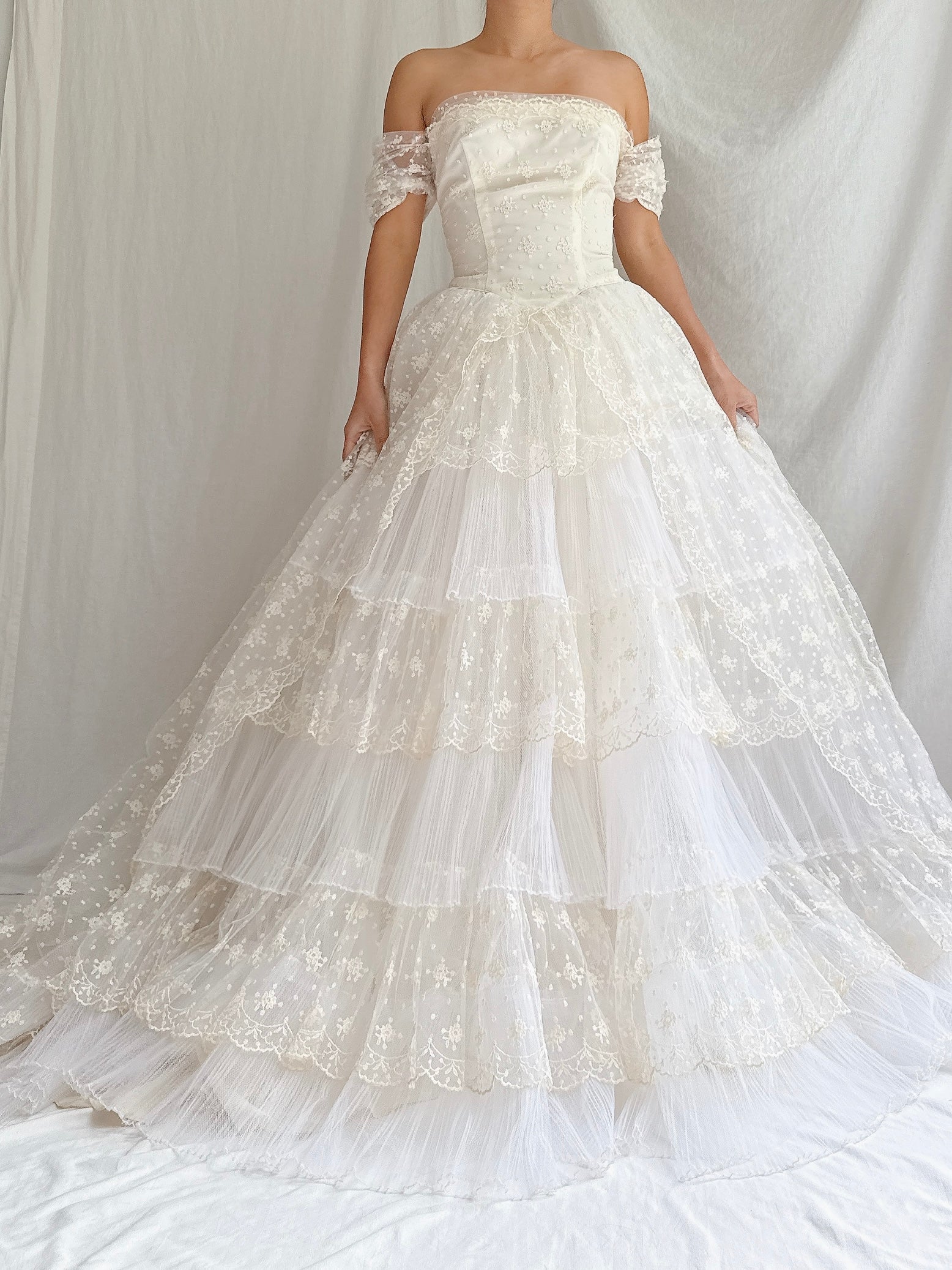 1950s Tulle Embroidered Layered Gown - XS