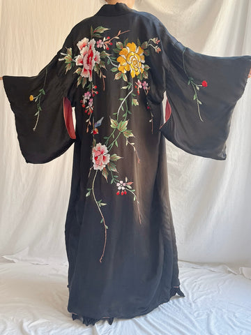 Antique Embroidered Satin Kimono - OSFM