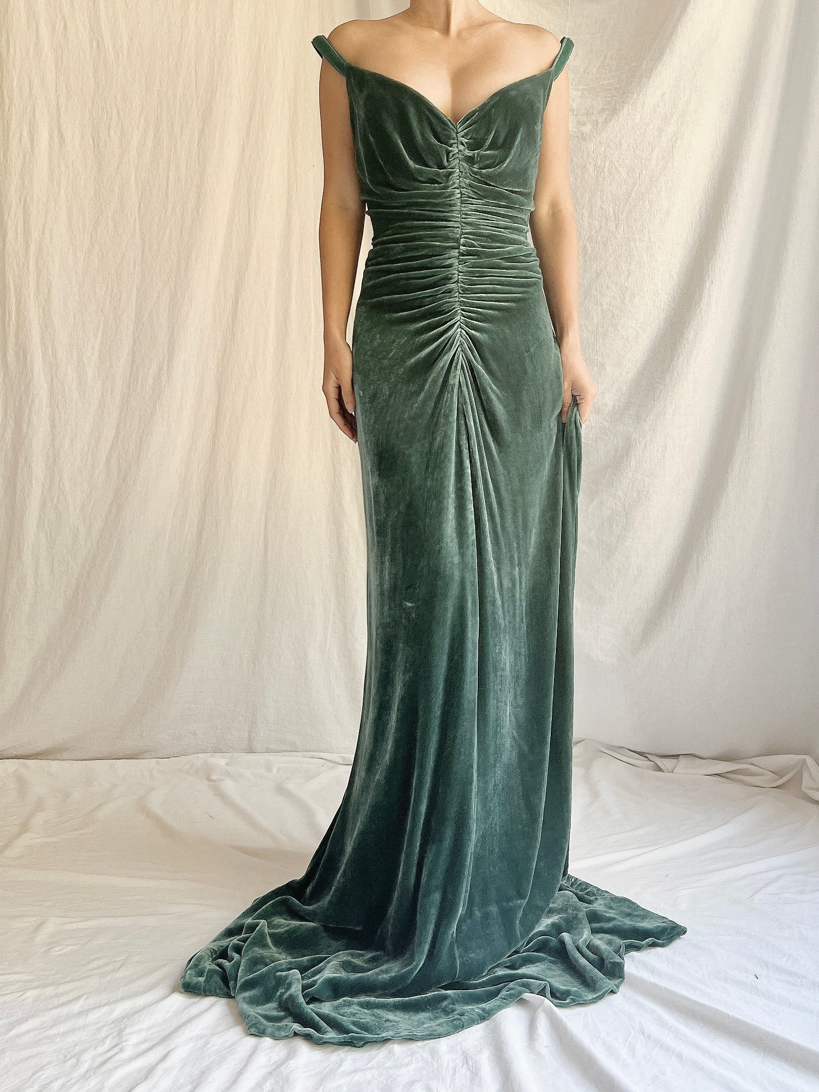 Vintage Moss Green Bellville Sassoon Silk Velvet Gown - L