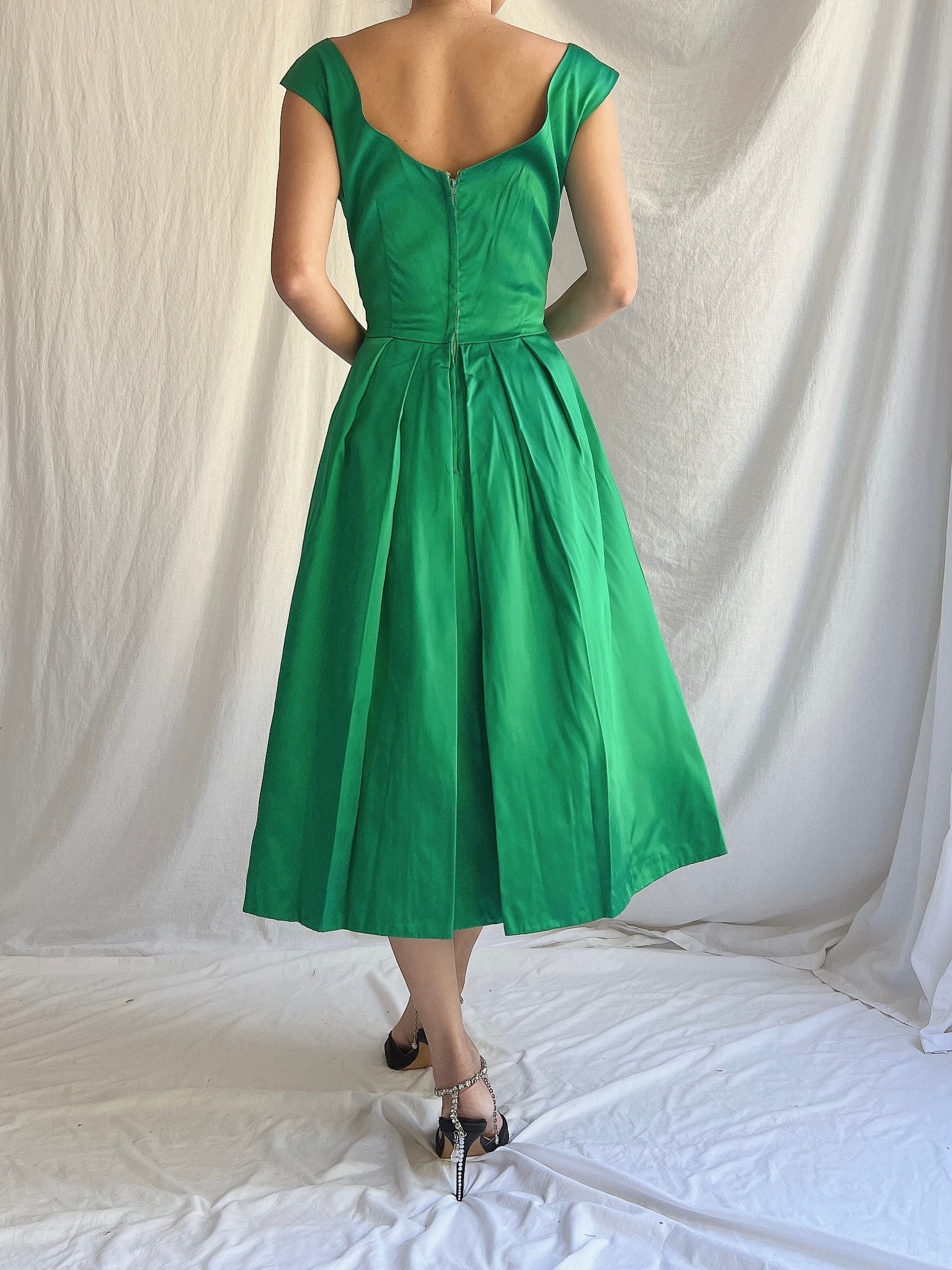 1950s Emerald Satin Dress - XS