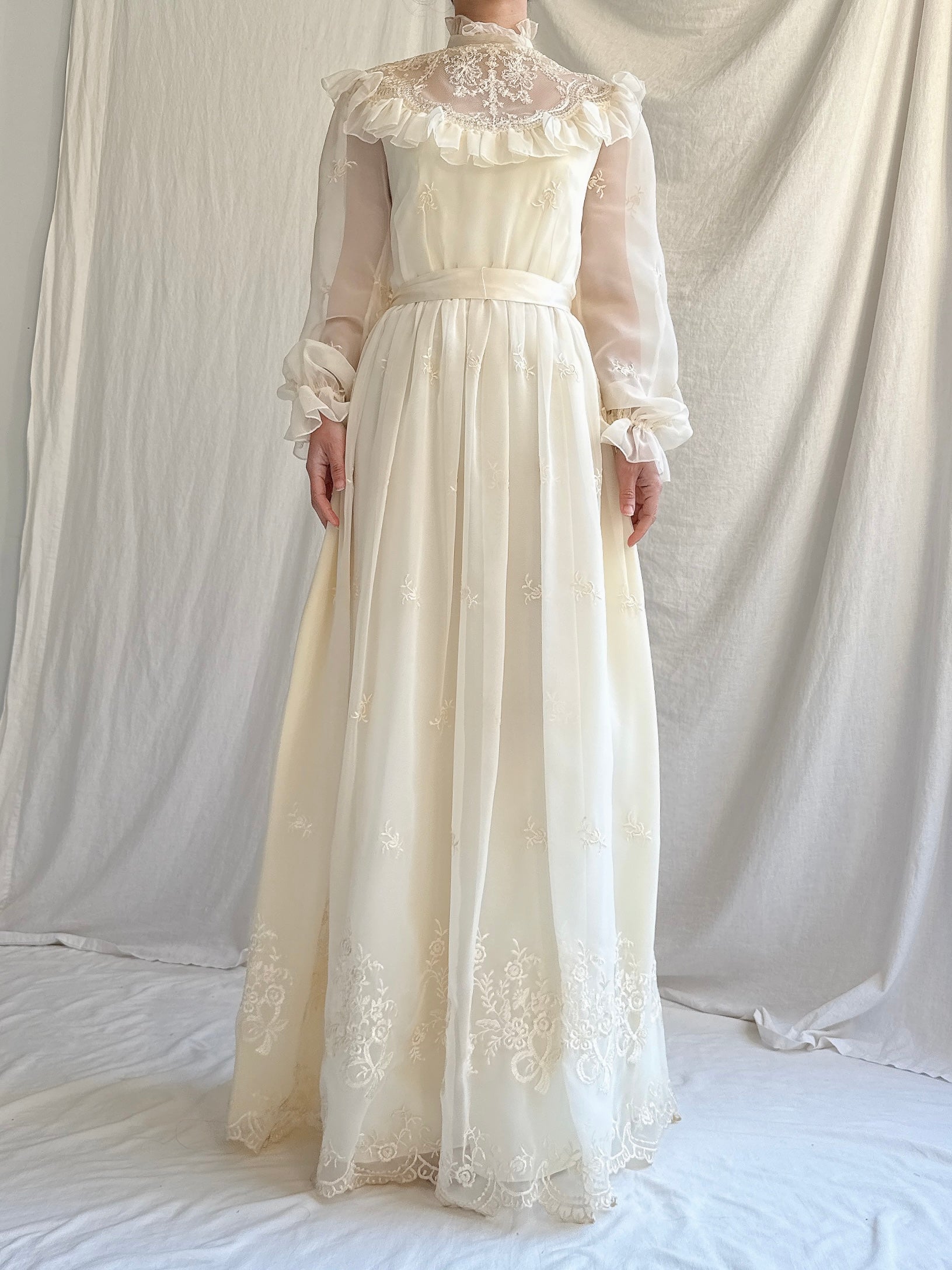 1980s Chiffon Embroidered Dress - XS/S