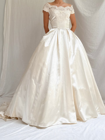 1950s Satin Off-the-Shoulder Gown - XS