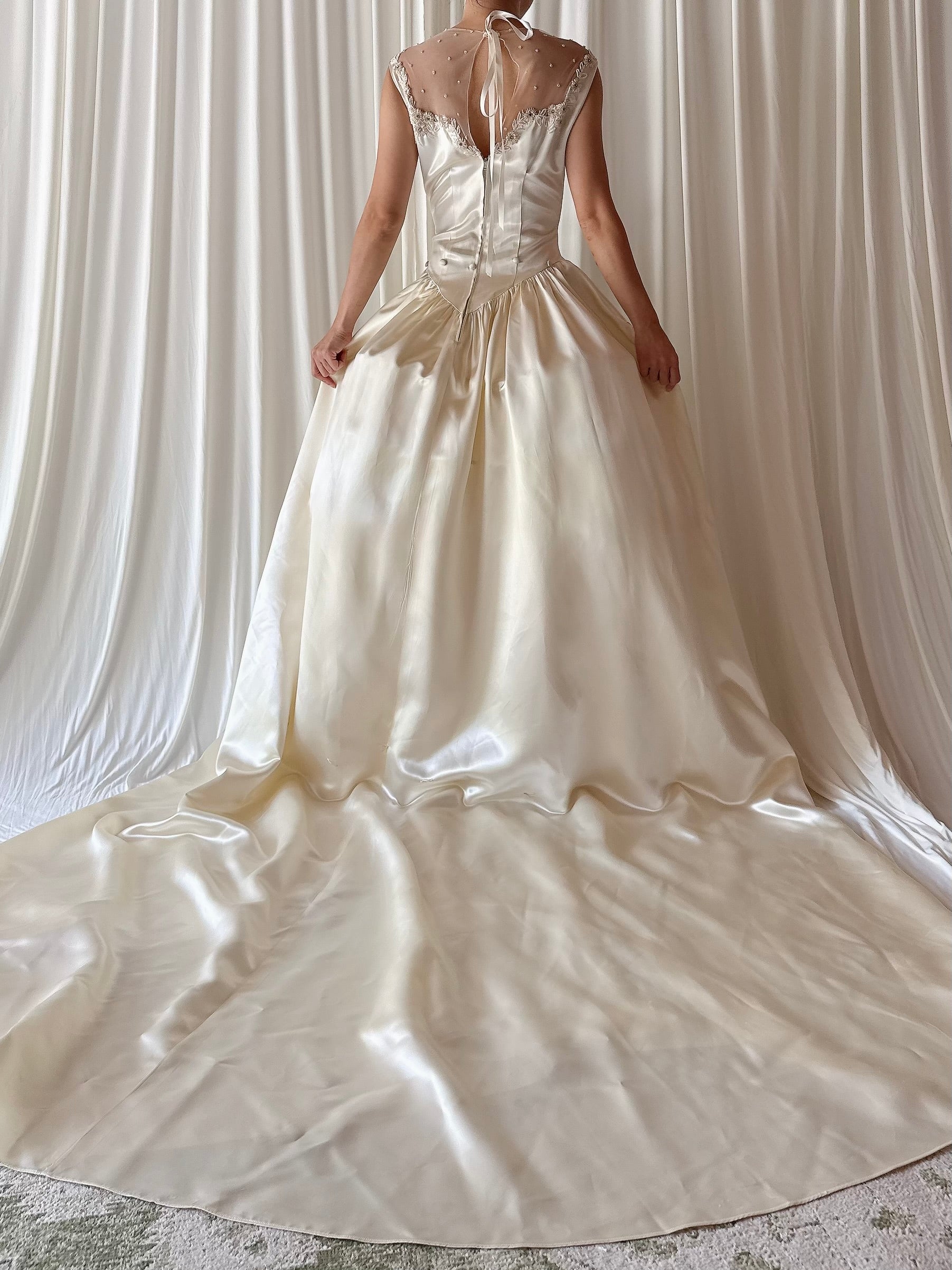 1940s Candlelight Satin Illusion Beaded Gown - S/4