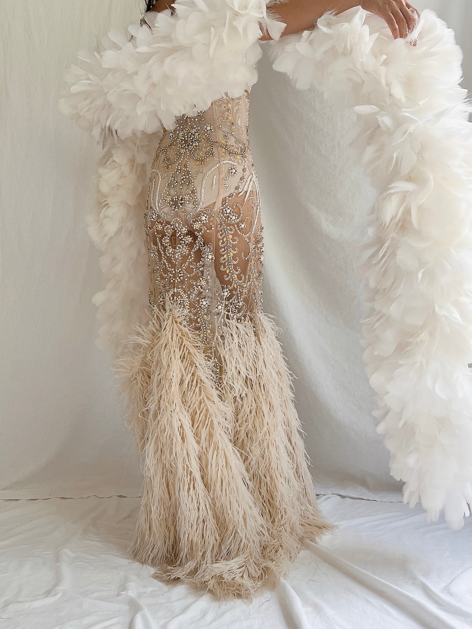 Y2K Nude Sheer Ostrich Feather Dress - S