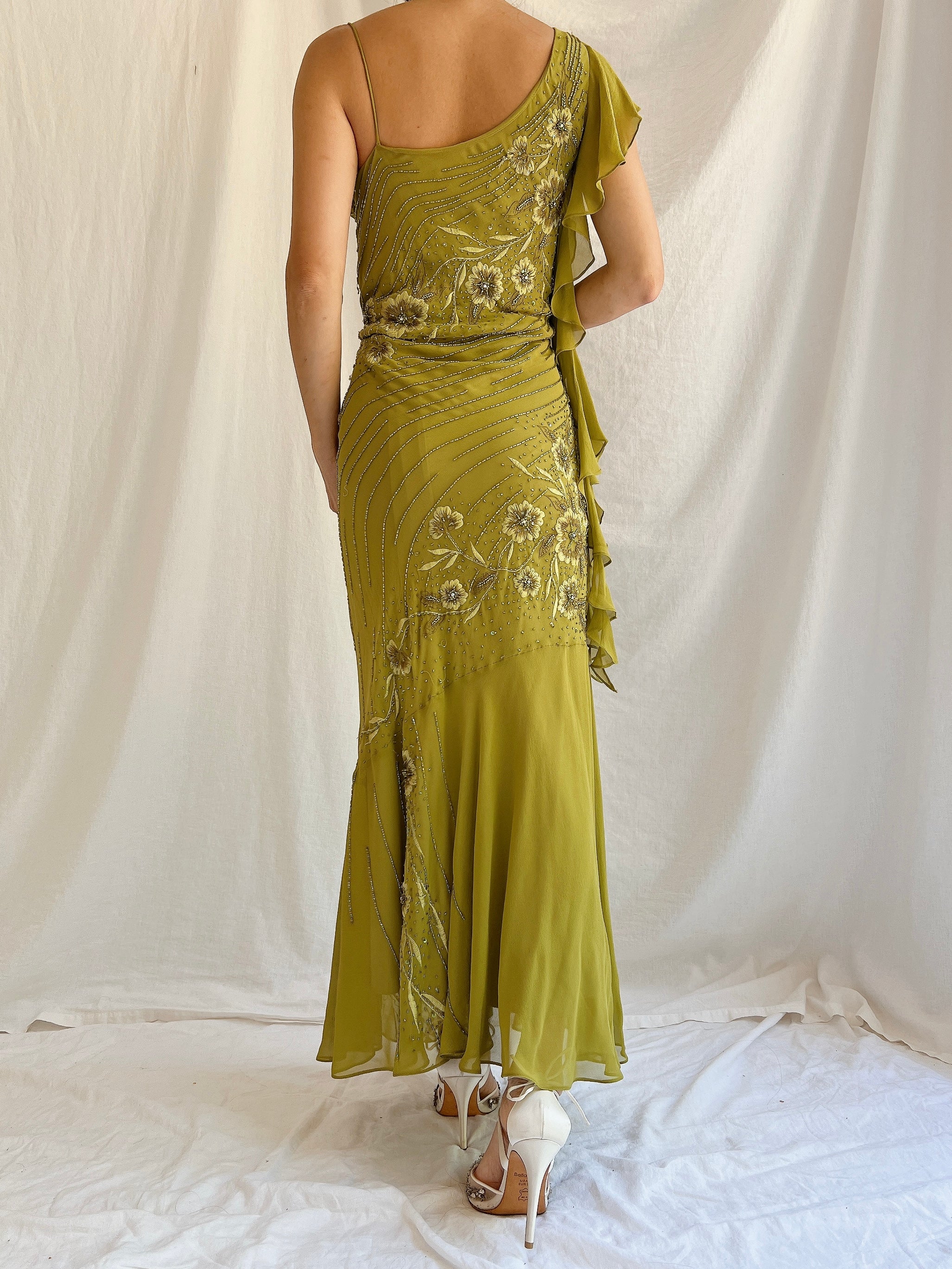 Vintage Bias Cut Moss Green Silk One Shoulder Dress - M