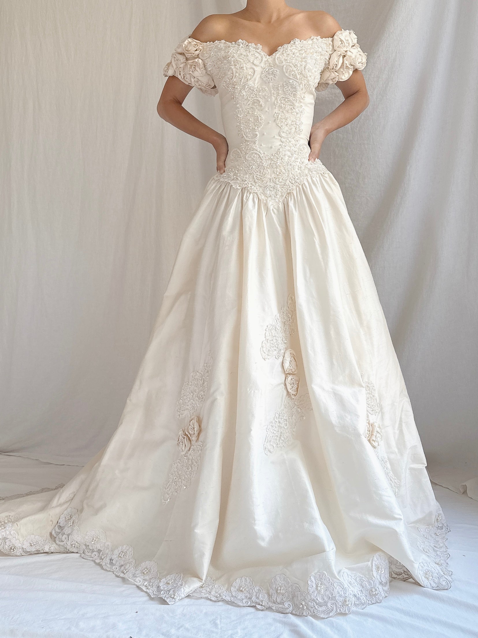 Vintage Silk Rosette Off-the-Shoulder Gown - M