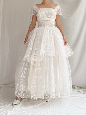 1950s Tulle Embroidered Dress - XS