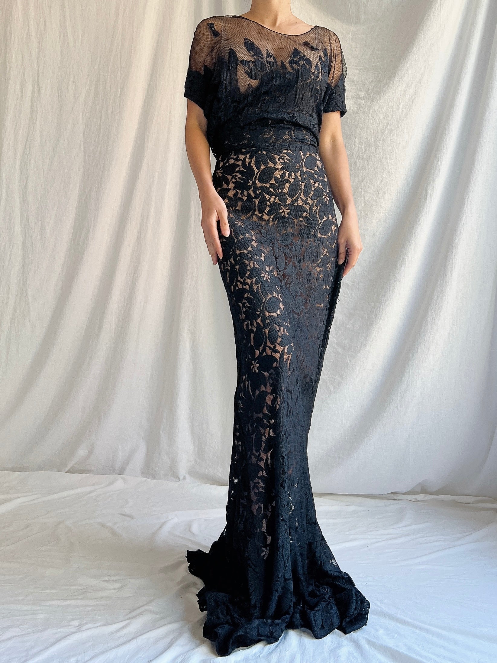 1930s Black Lace Gown - M