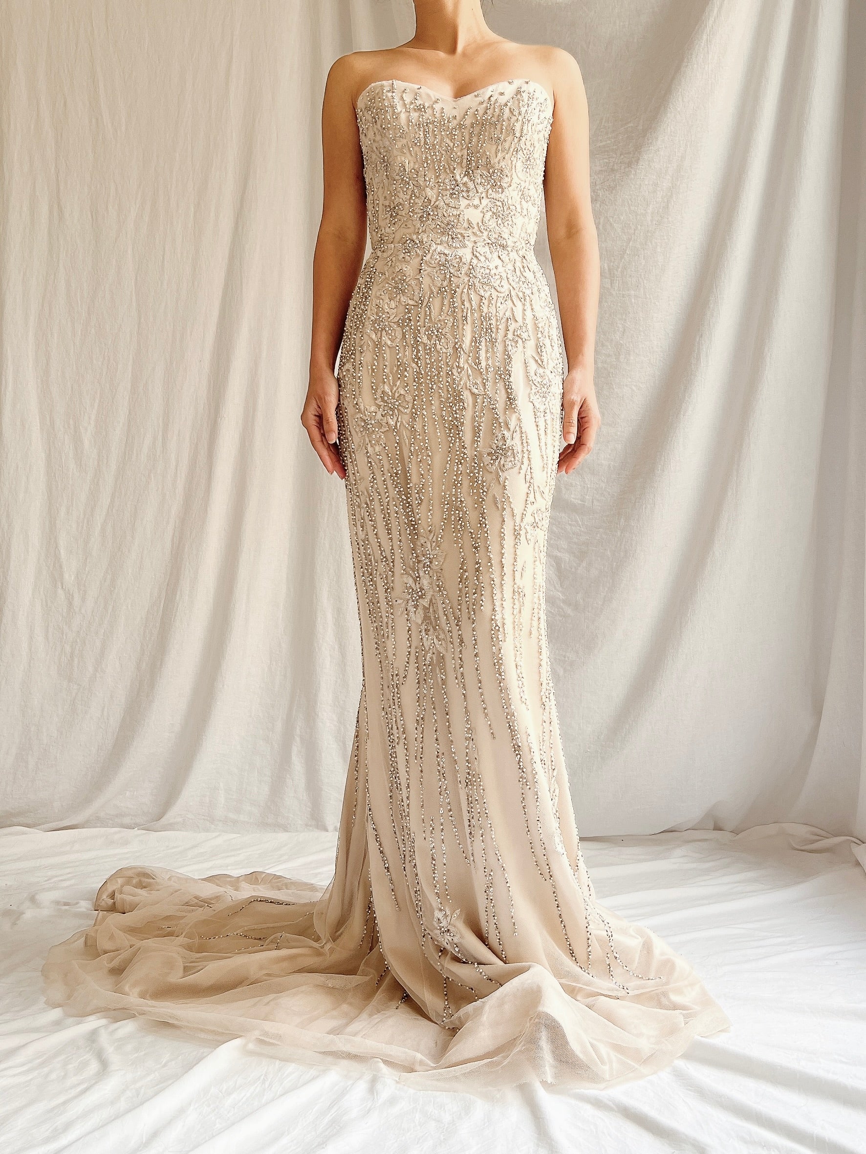 Vintage Beige Beaded Silk Gown - S/6