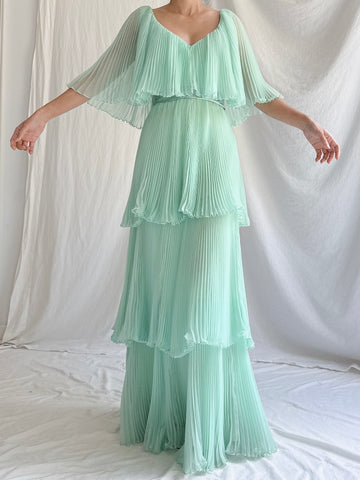 Vintage Seafoam Pleated Chiffon Dress - S/M