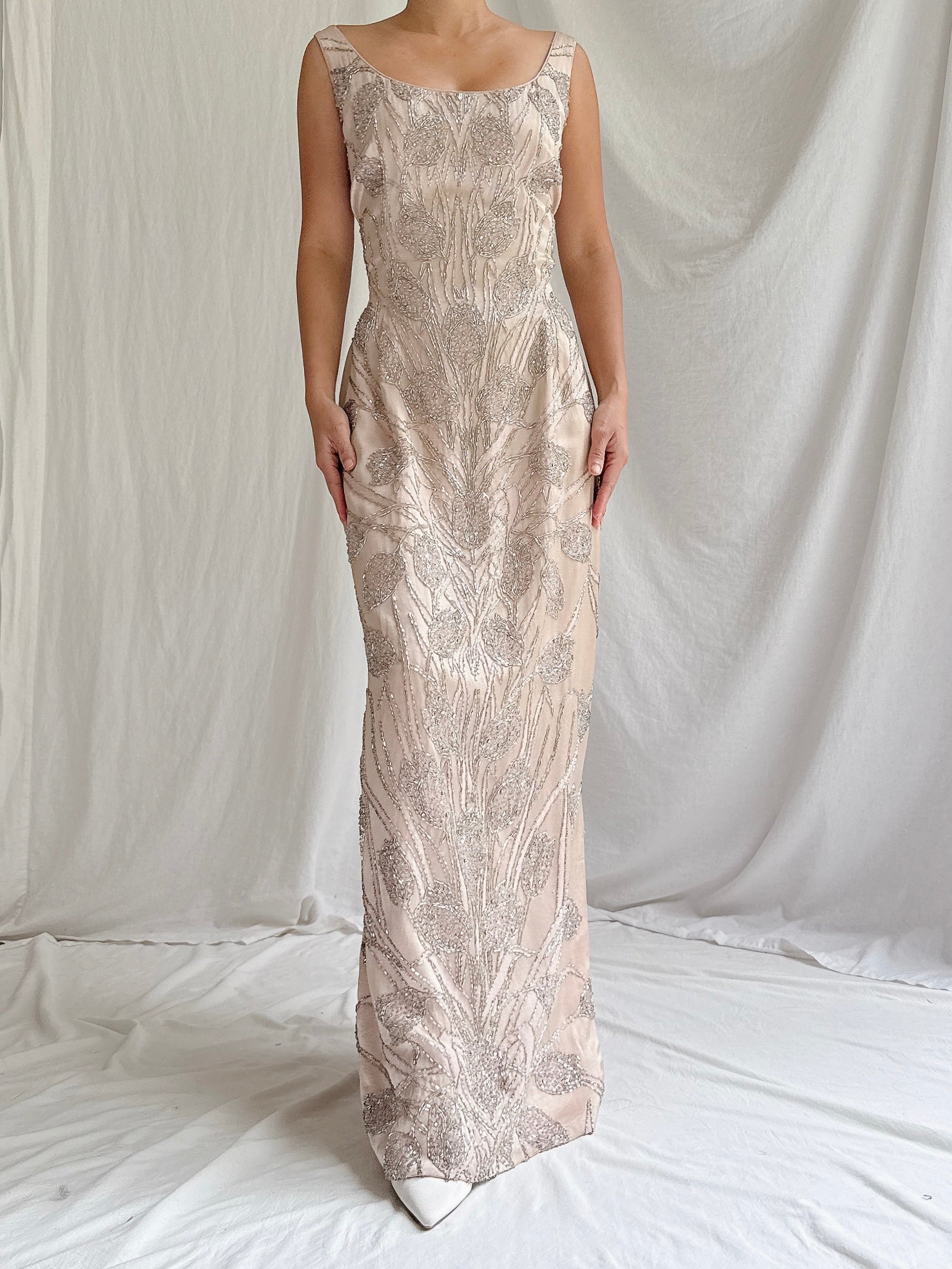 1960s Dusty Pink Silk Beaded Gown - M