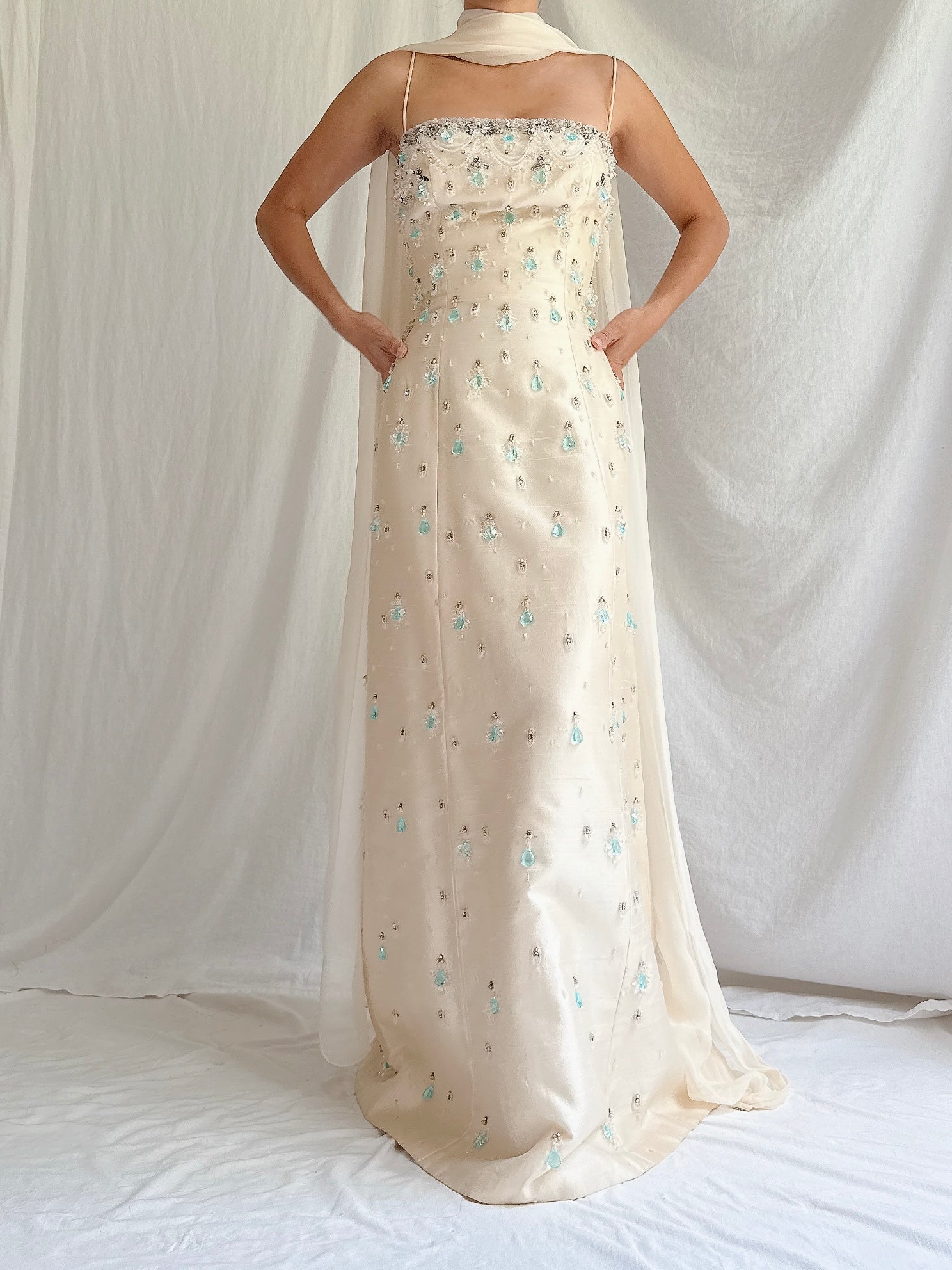 1960s Raw Silk Crystal Gown with Silk Shawl- S/4