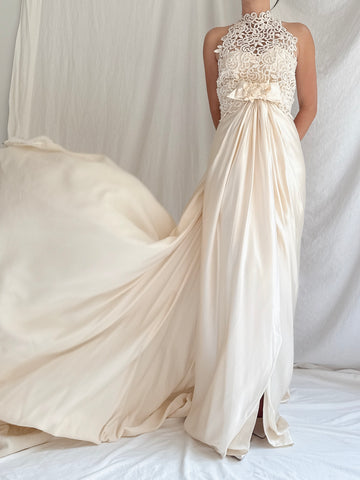 Vintage Sill Charmeuse Embroidered Lace Gown - M/8