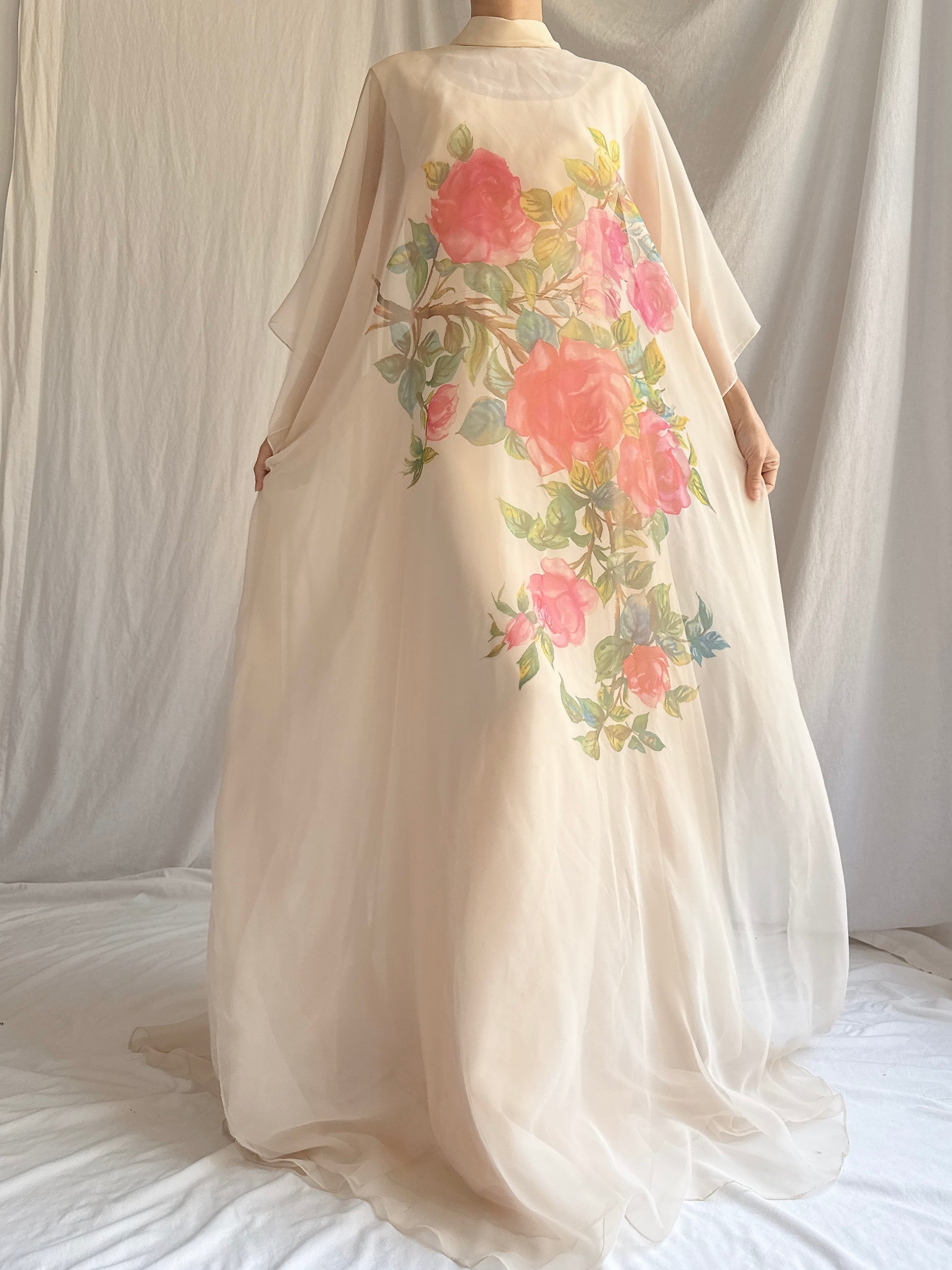 1960s Chiffon Rose Cape Dress - M