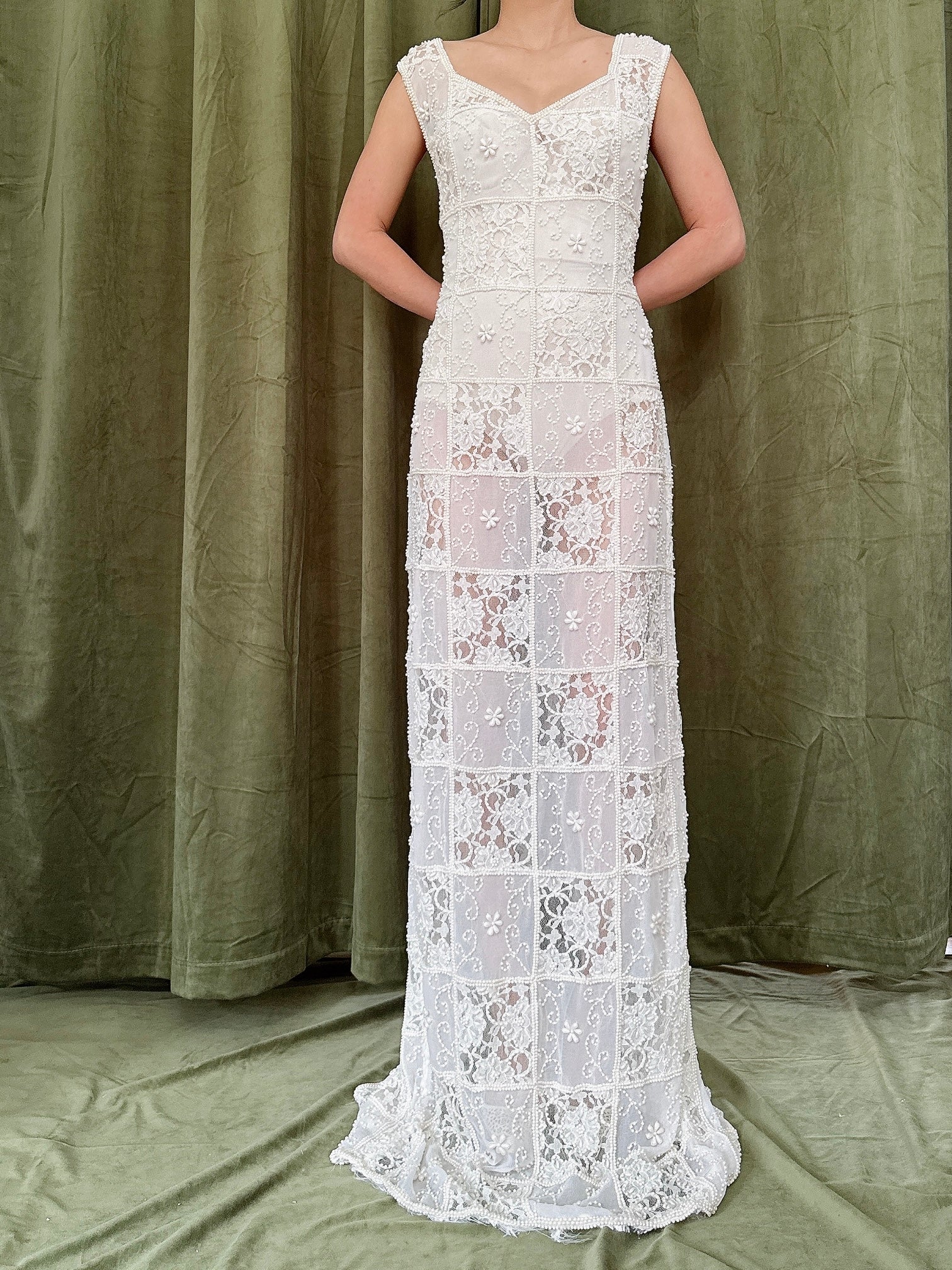 Vintage Sheer Beaded Dress - L 32W/42H/38B/61L