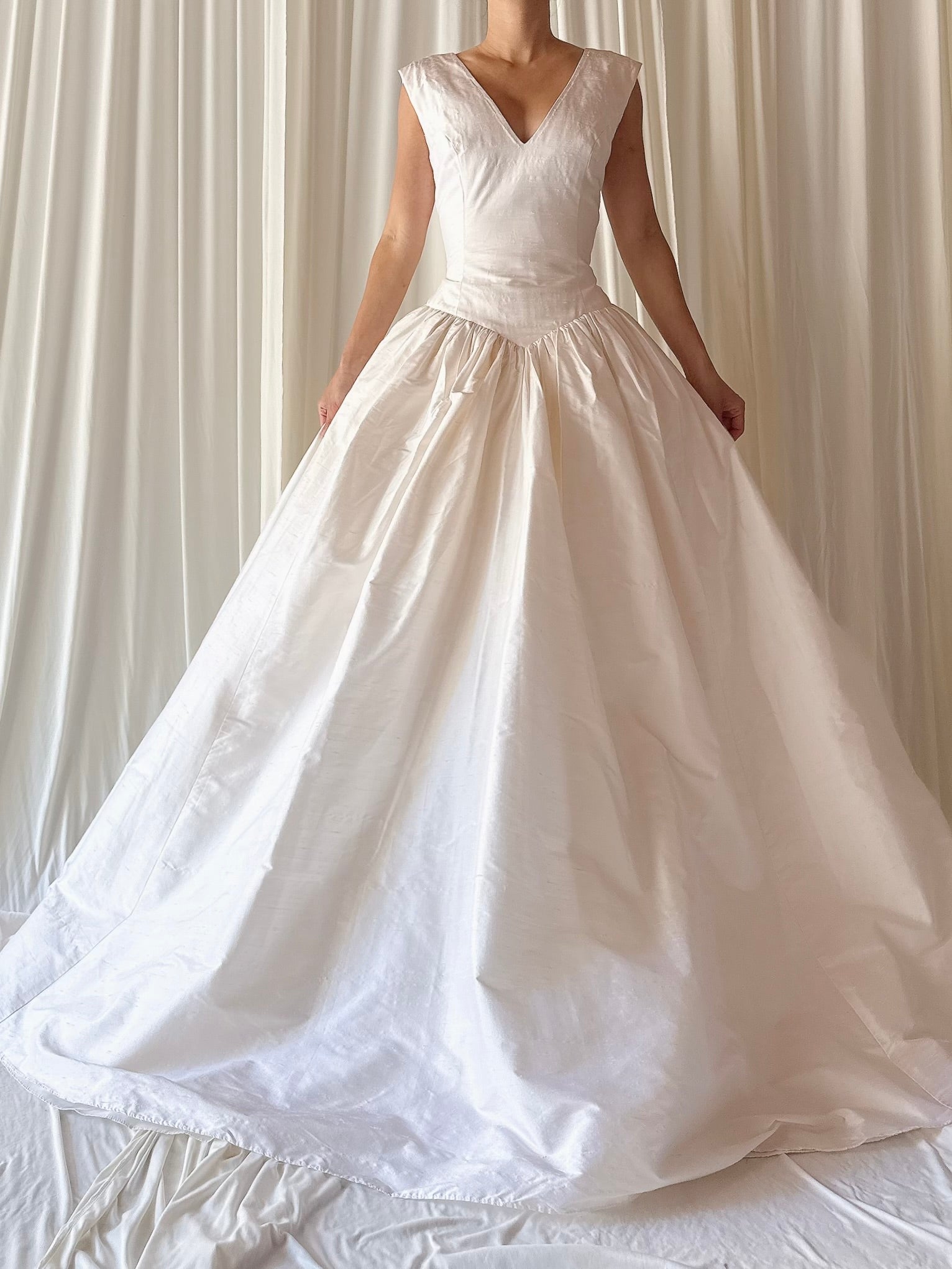 Vintage Raw Silk V Neck Gown - M
