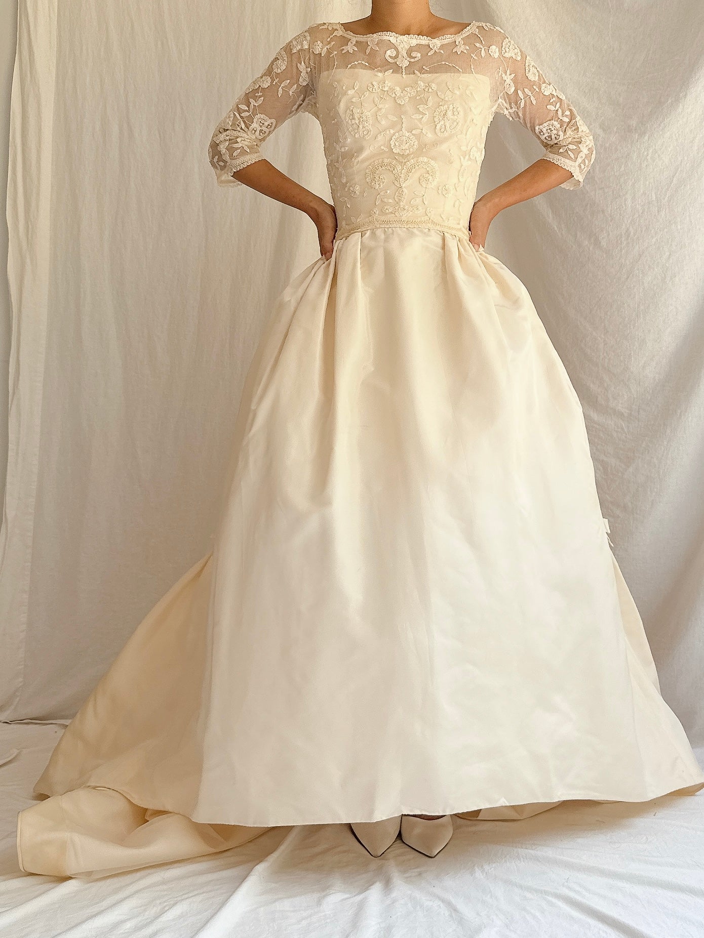 1950s Silk Taffeta Duchesse Lace Dress - XXS/00