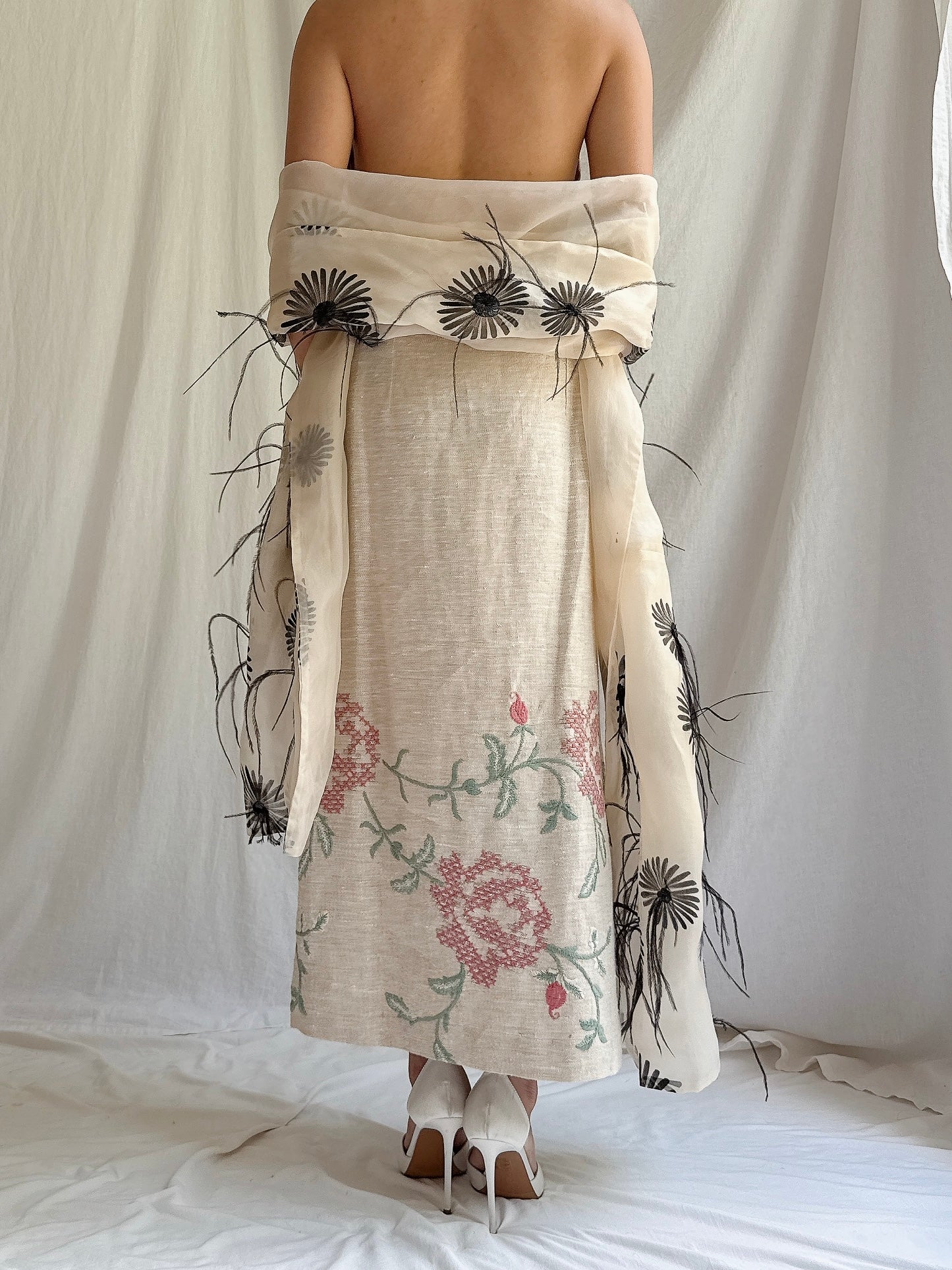 Vintage Silk Organza Feather Shawl - OSFM