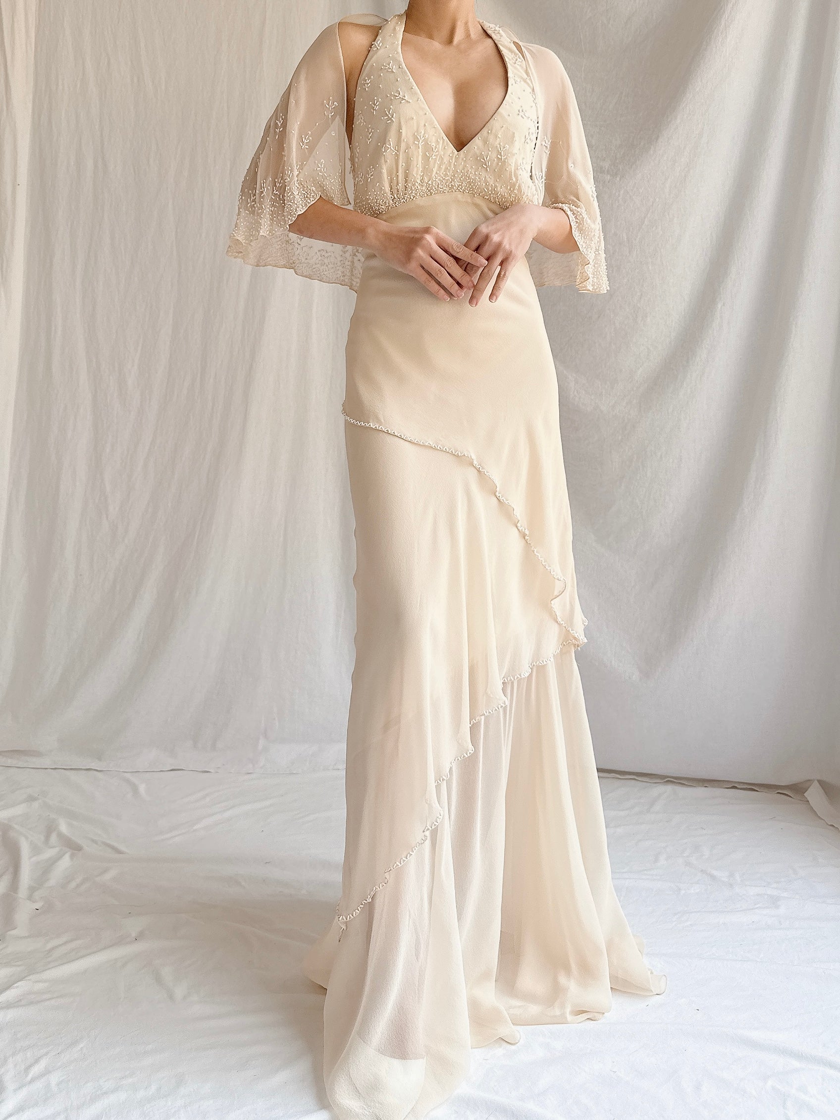 Vintage Almond Silk Cape Gown - M