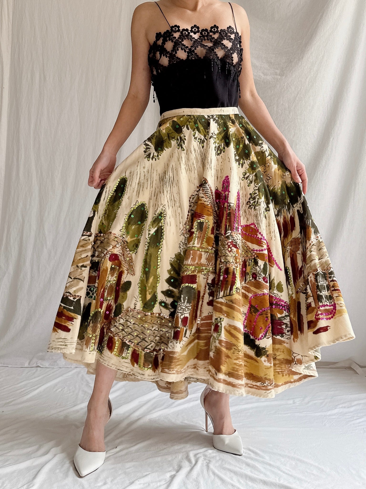 Vintage Monica Sequined Landscape Skirt - M