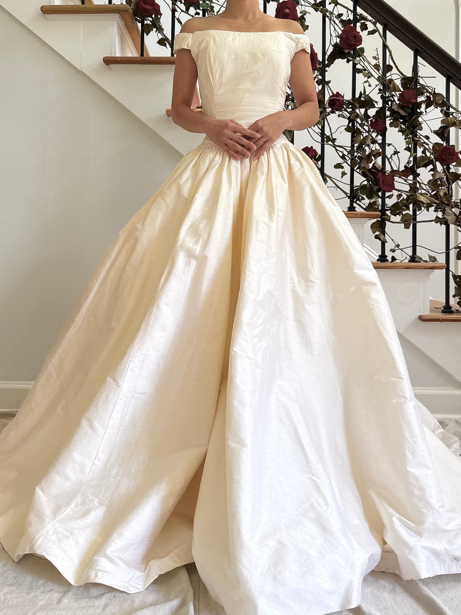 Vintage Raw Silk Portrait Collar Gown - M