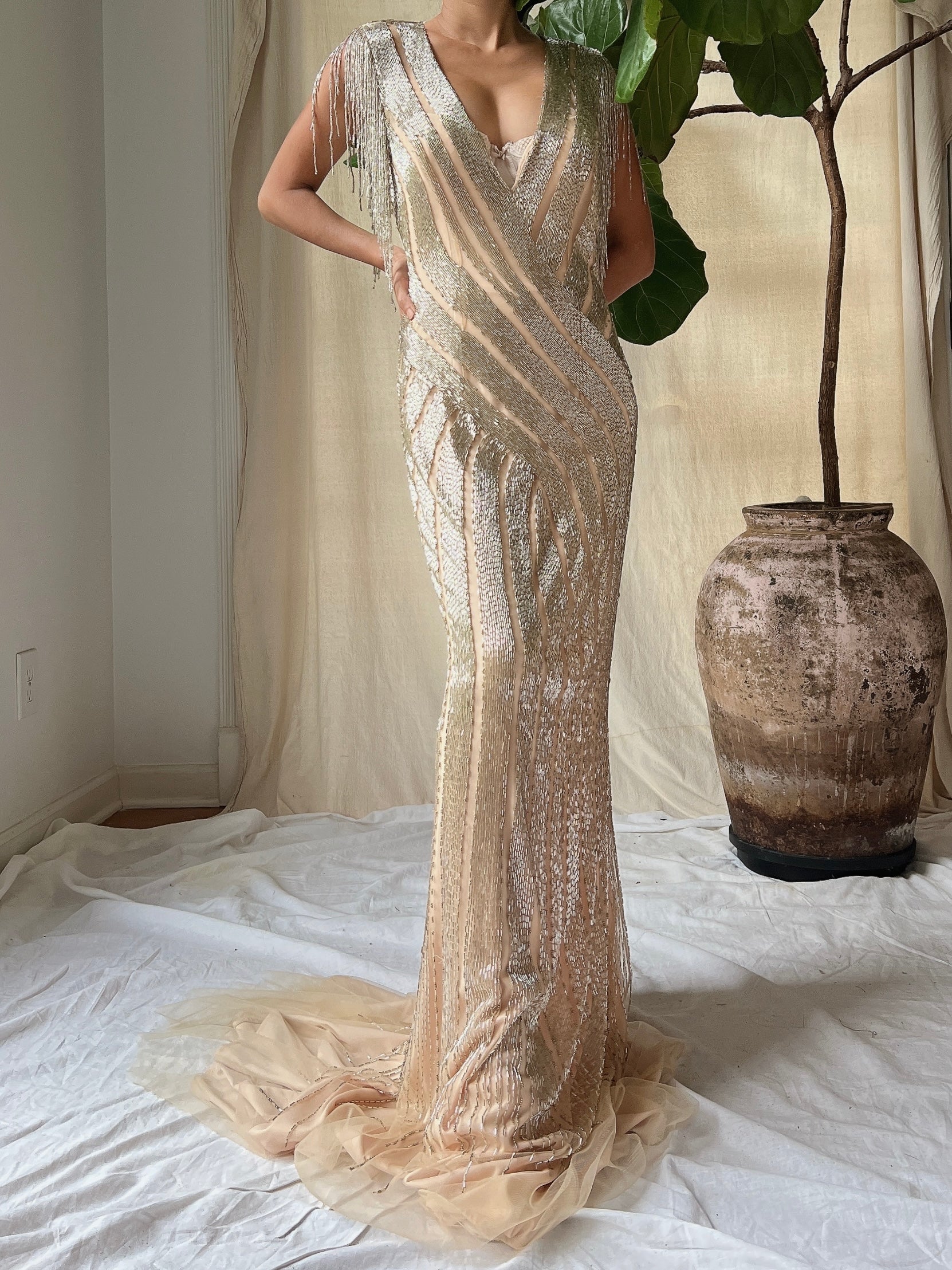 Vintage Beaded Gold/Nude Gown - S/4