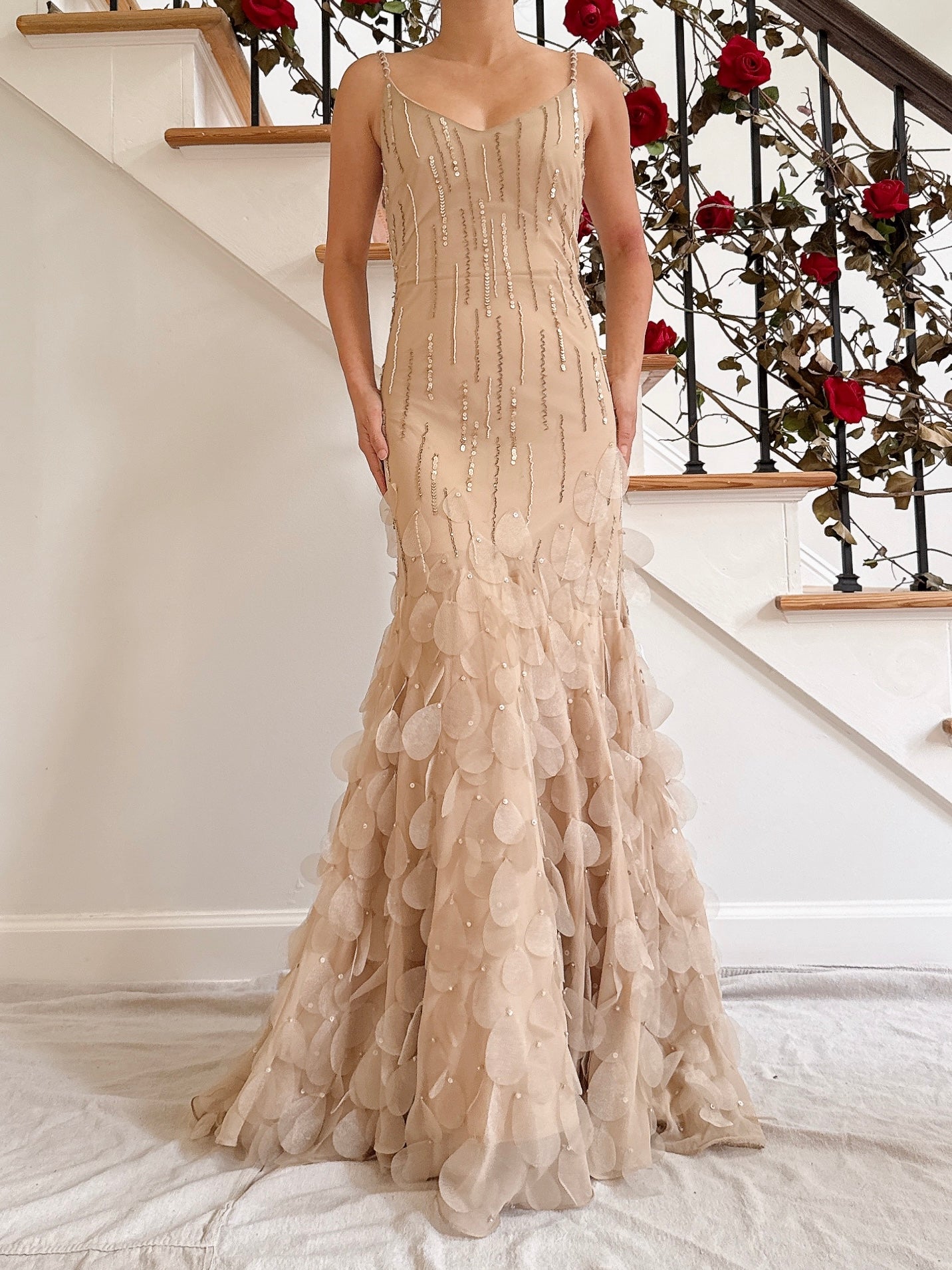 Vintage Bias Cut Nude Silk Petal Gown - Size S/M