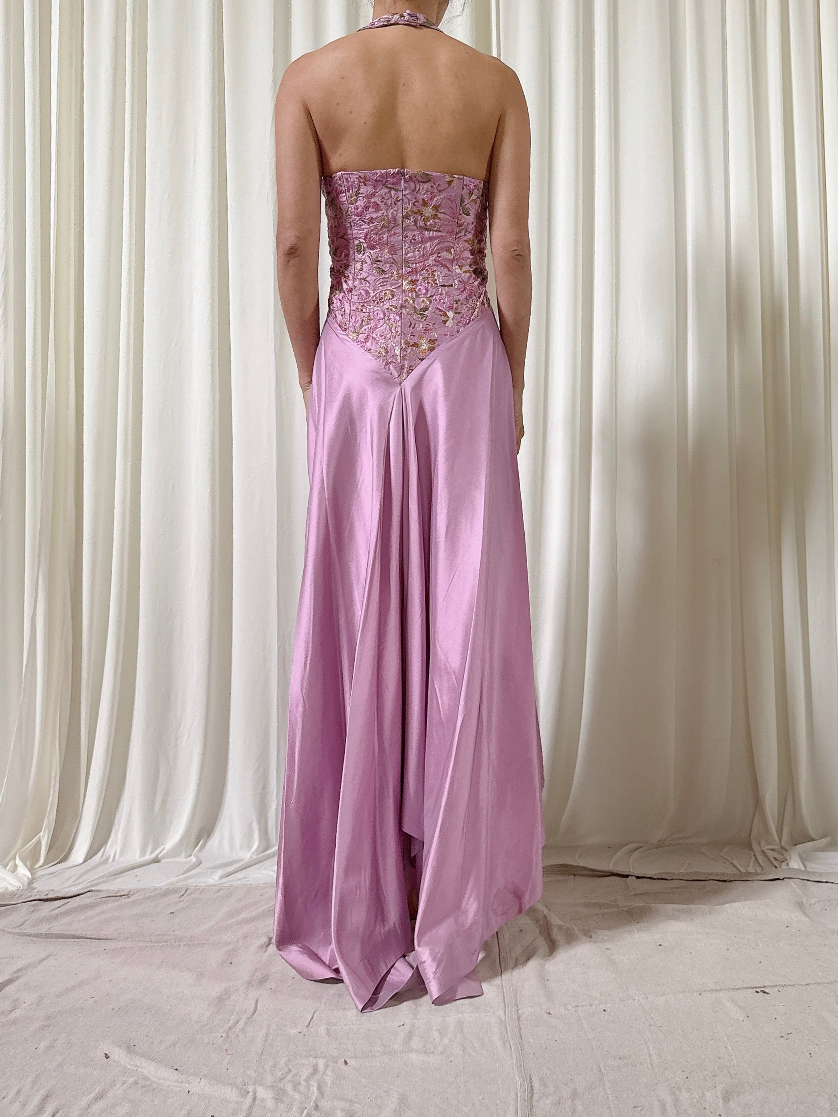 Vintage Silk Lavender Embroidered Dress - Size 44