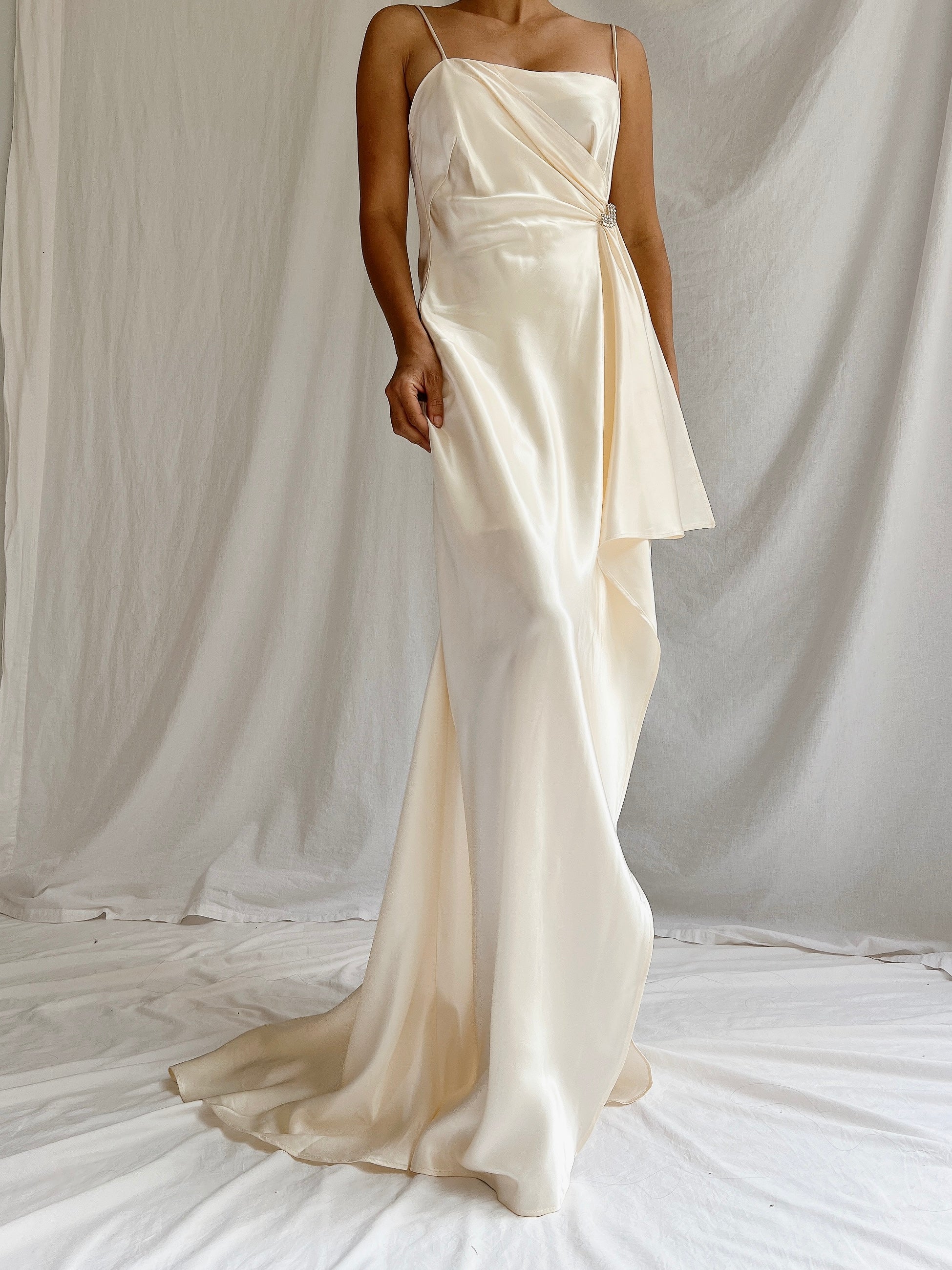 1990s Ivory Satin Draped Gown - XS