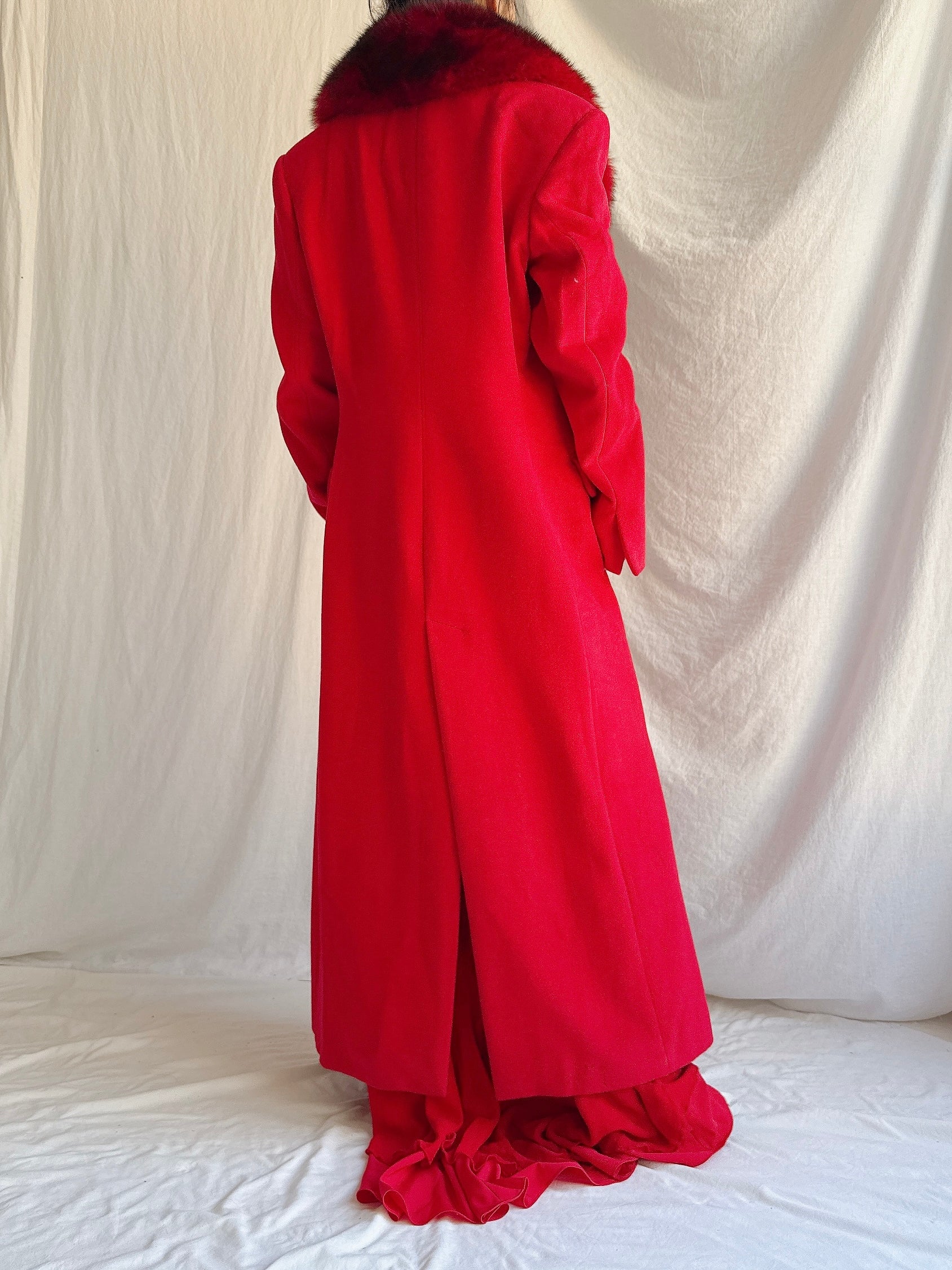 Vintage Red Wool Fox Fur Coat - M