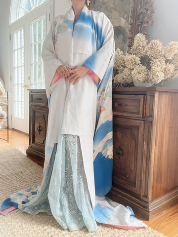 Vintage Blue Silk Floral Kimono - OSFA