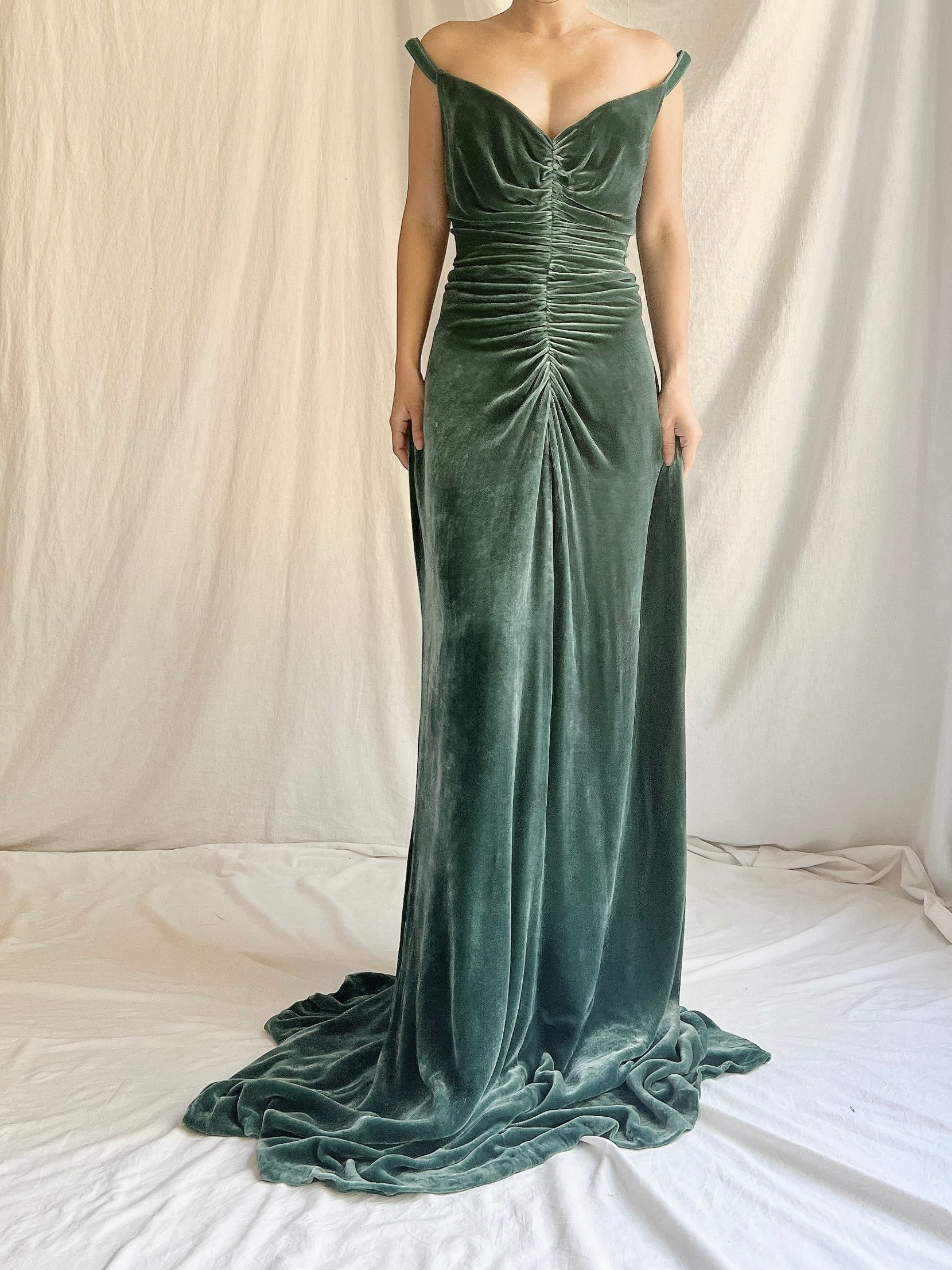 Vintage Moss Green Bellville Sassoon Silk Velvet Gown - L