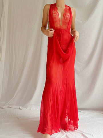 00s Red Silk Sheer Slip Gown - M/L