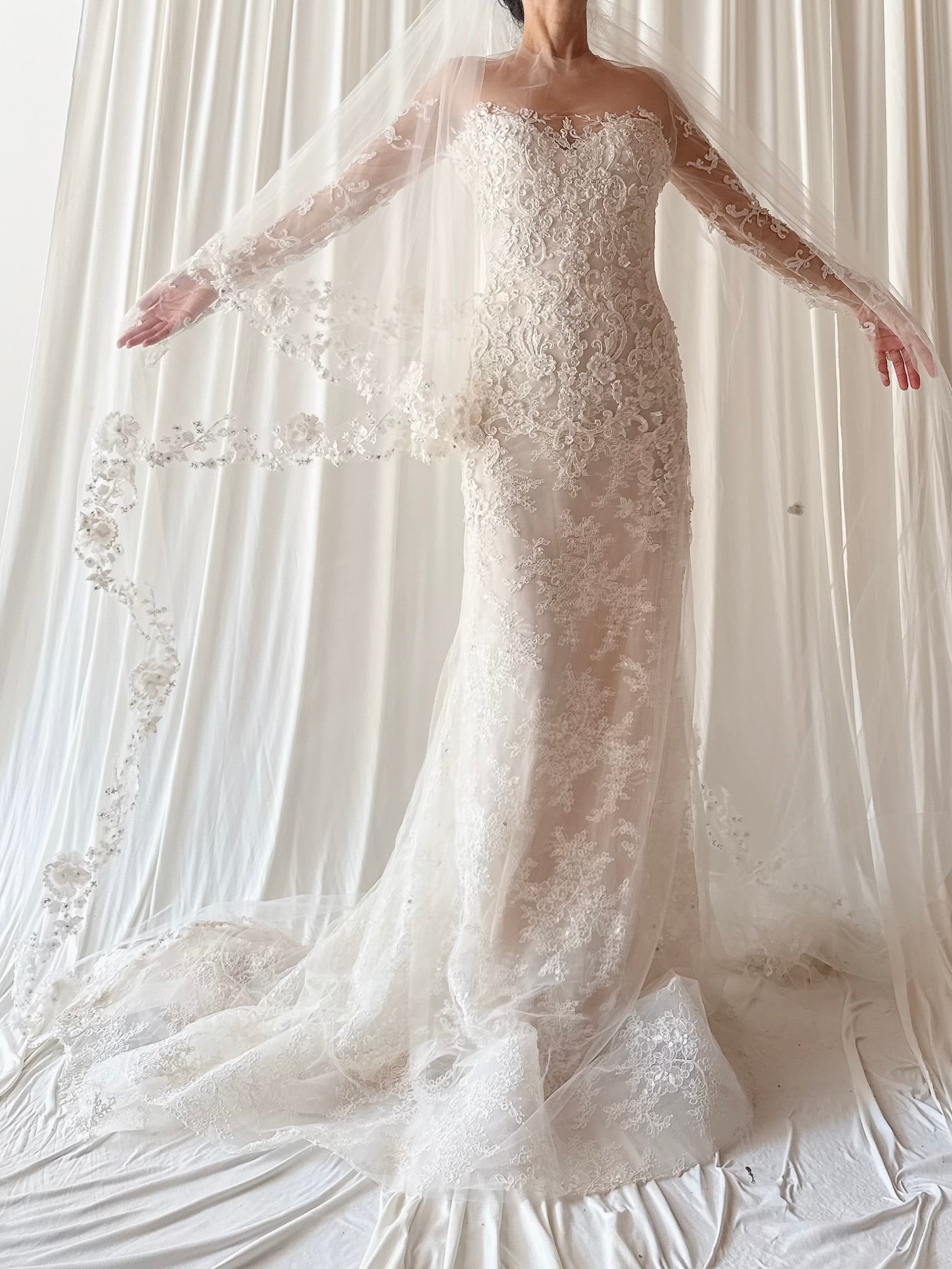 00 Reem Acra Lace Tulle Gown with Veil - XS
