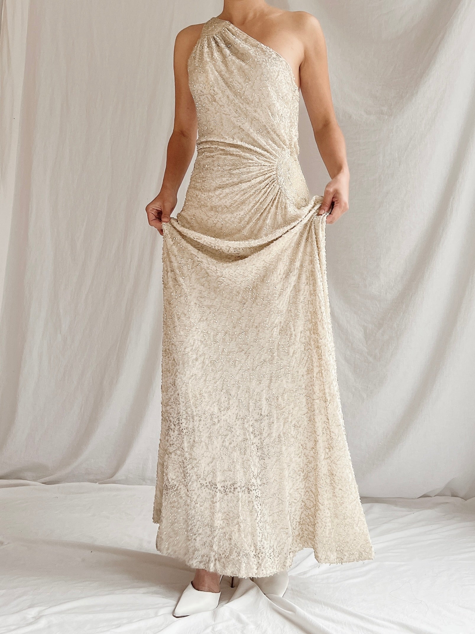 Vintage Silk One Shoulder Beaded Gown - M 6/8