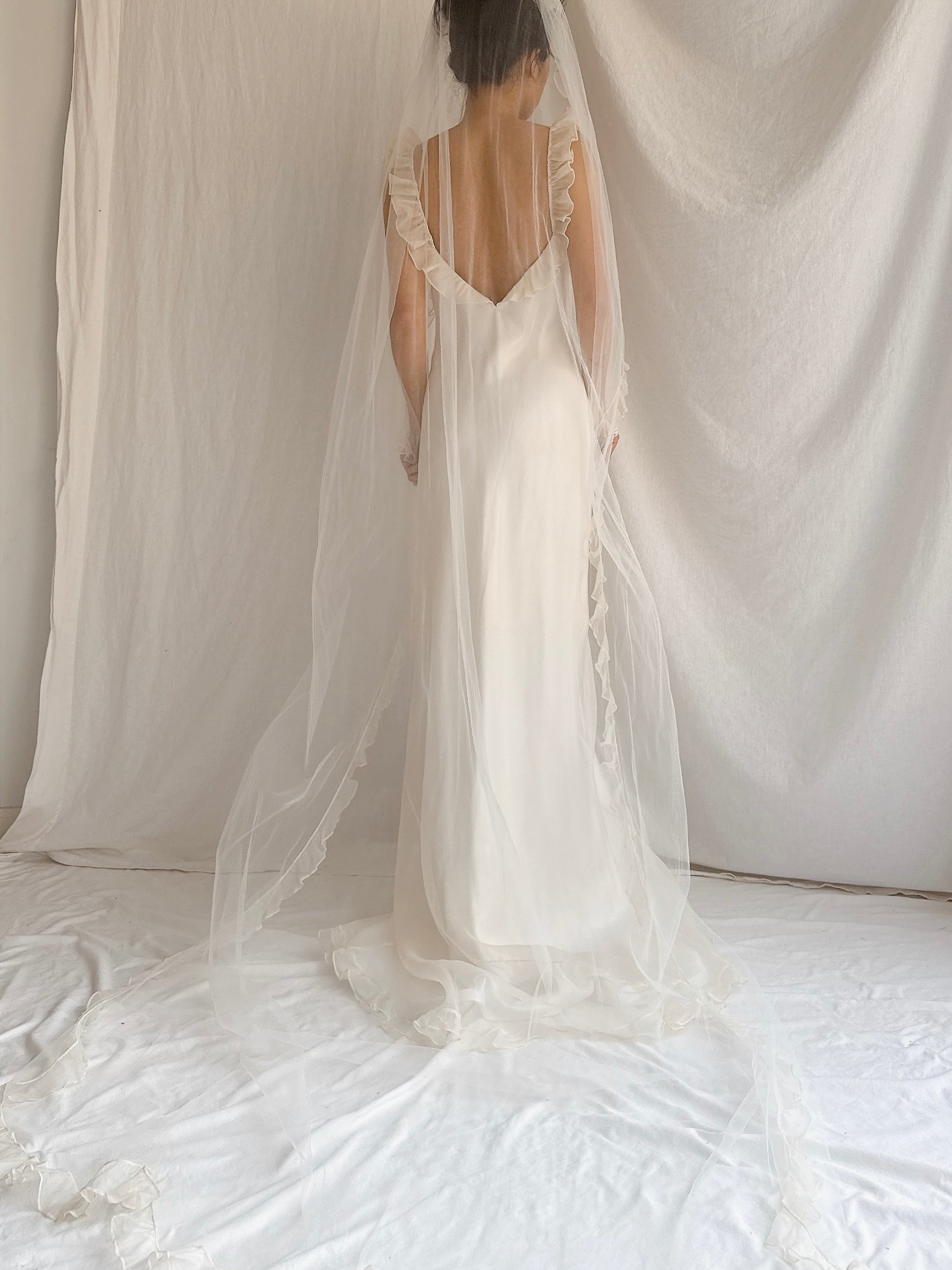 1990s Amy Michelson Silk Organza Gown with Veil - S/M